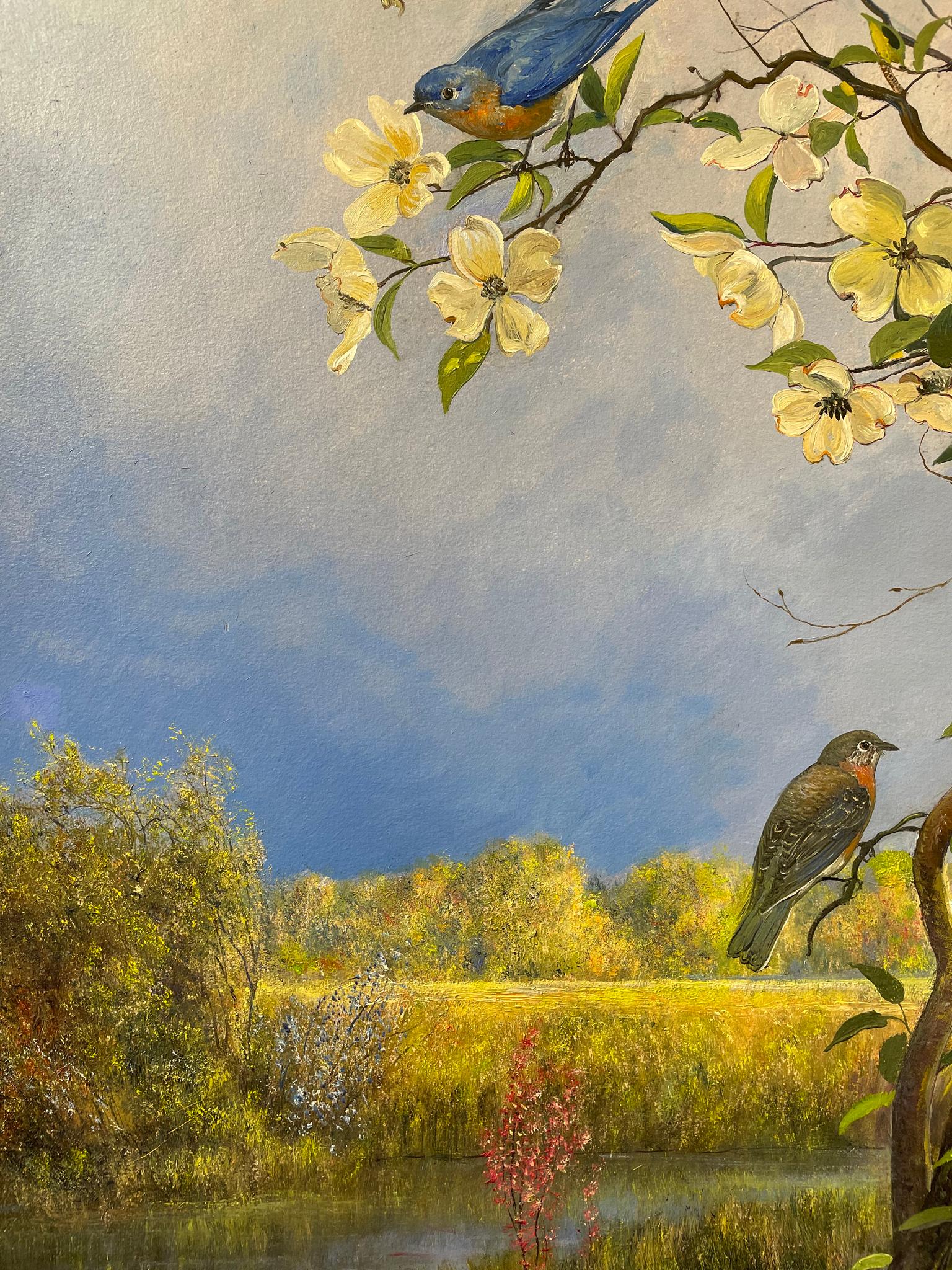 Bluebirds and Blossoms - Gray Landscape Painting by Nicholas Oberling
