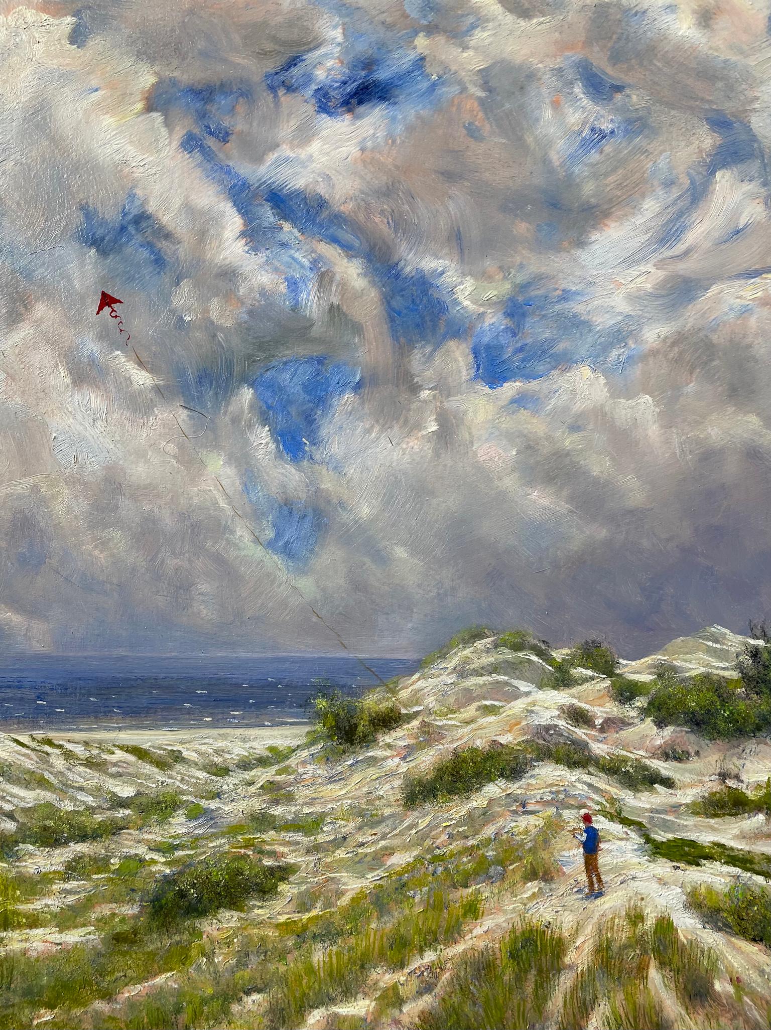 Flying a Red Kite on the Coastal Dunes of Long Island New York - Painting by Nicholas Oberling