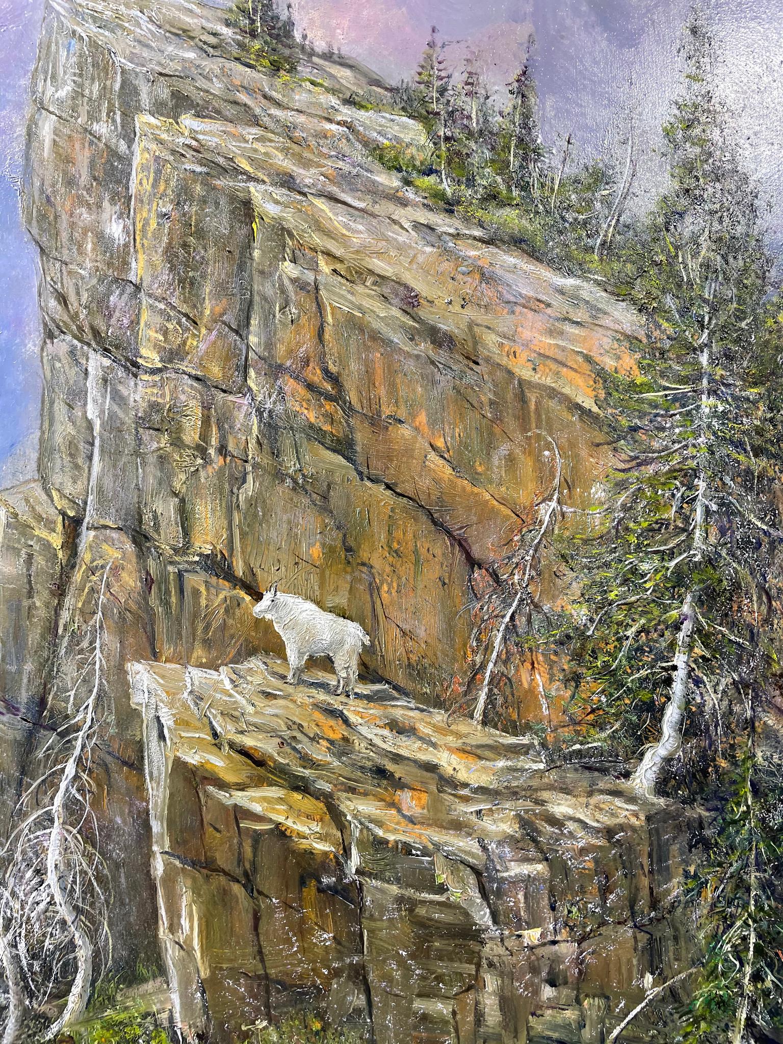 Mountain Goat and Clouds in  Glacier National Park Montana - Painting by Nicholas Oberling