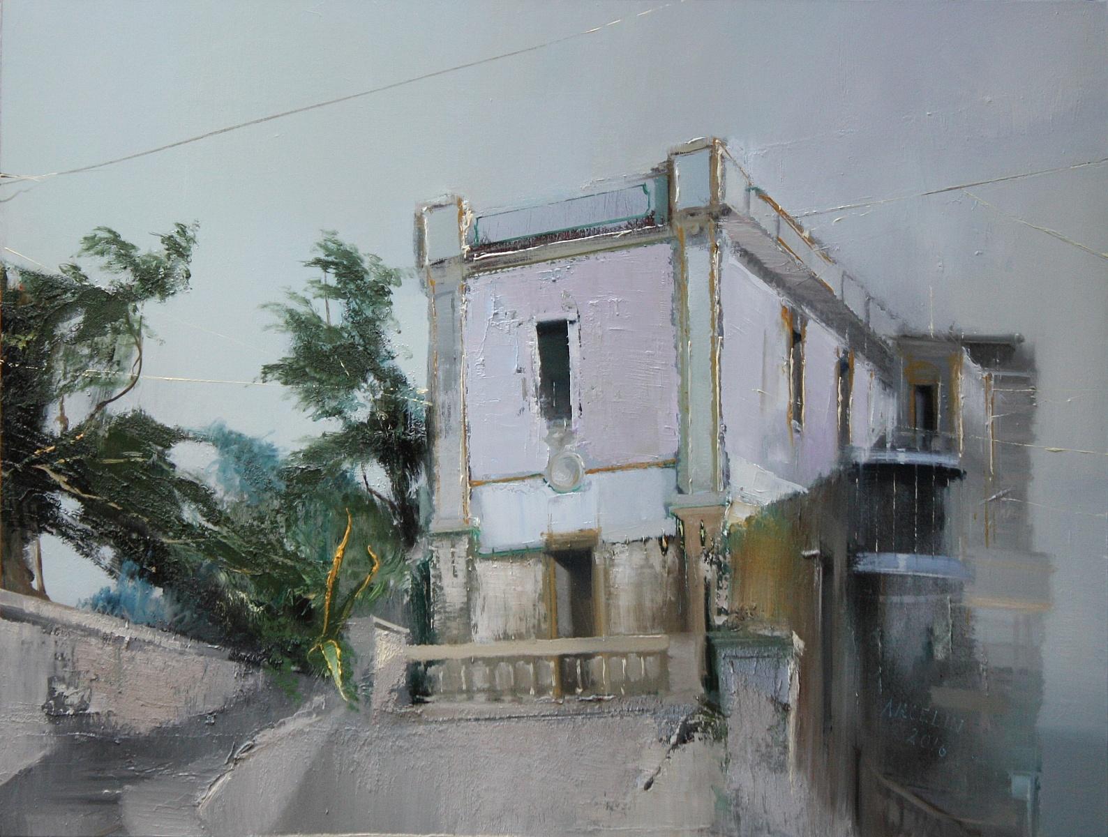 Landscape Painting de Jean Arcelin - Harmonie Parme et Grise