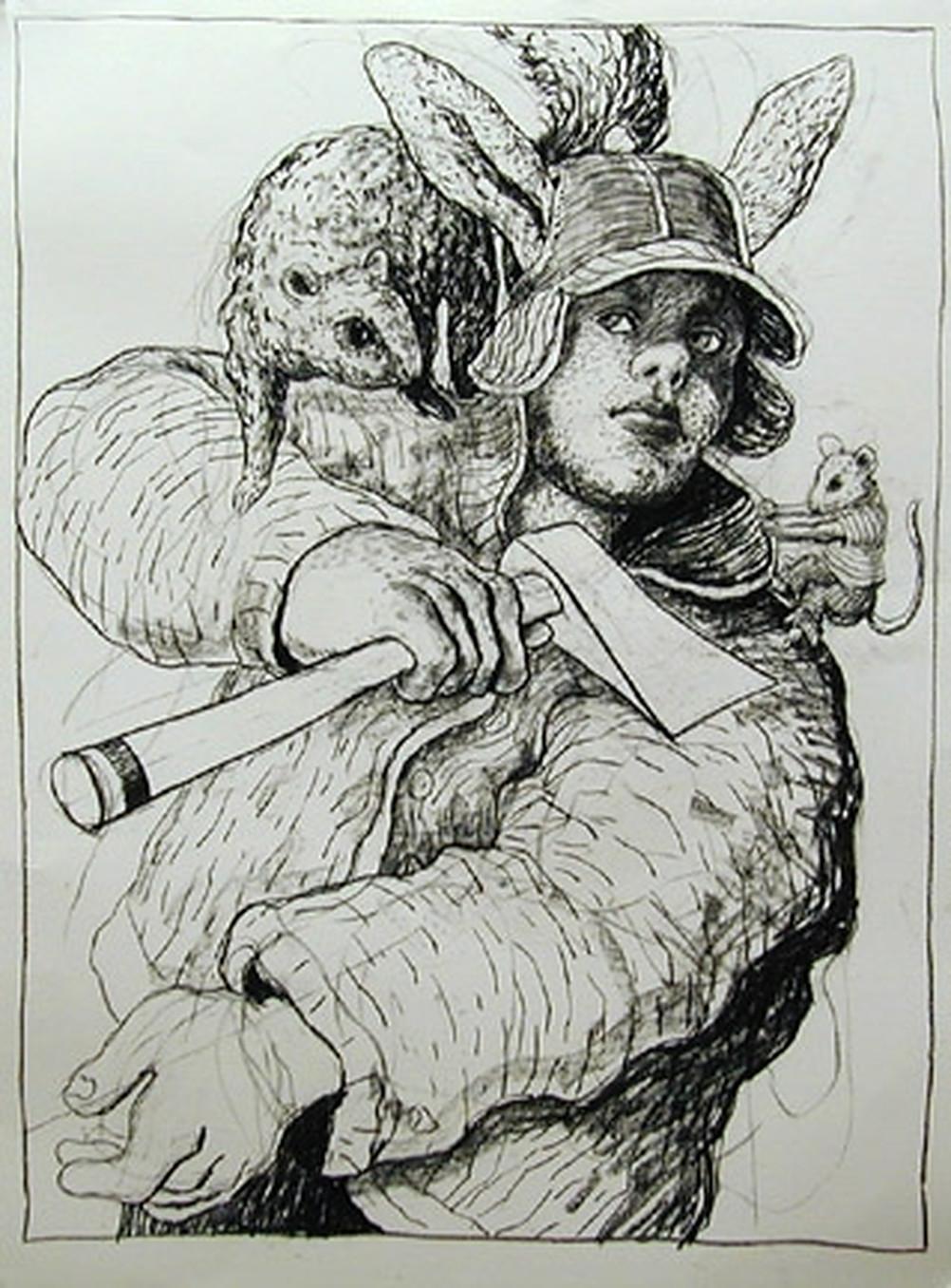 Robert Jessup Figurative Art – Kaninchen mit Axt und Eichhörnchen, 2003