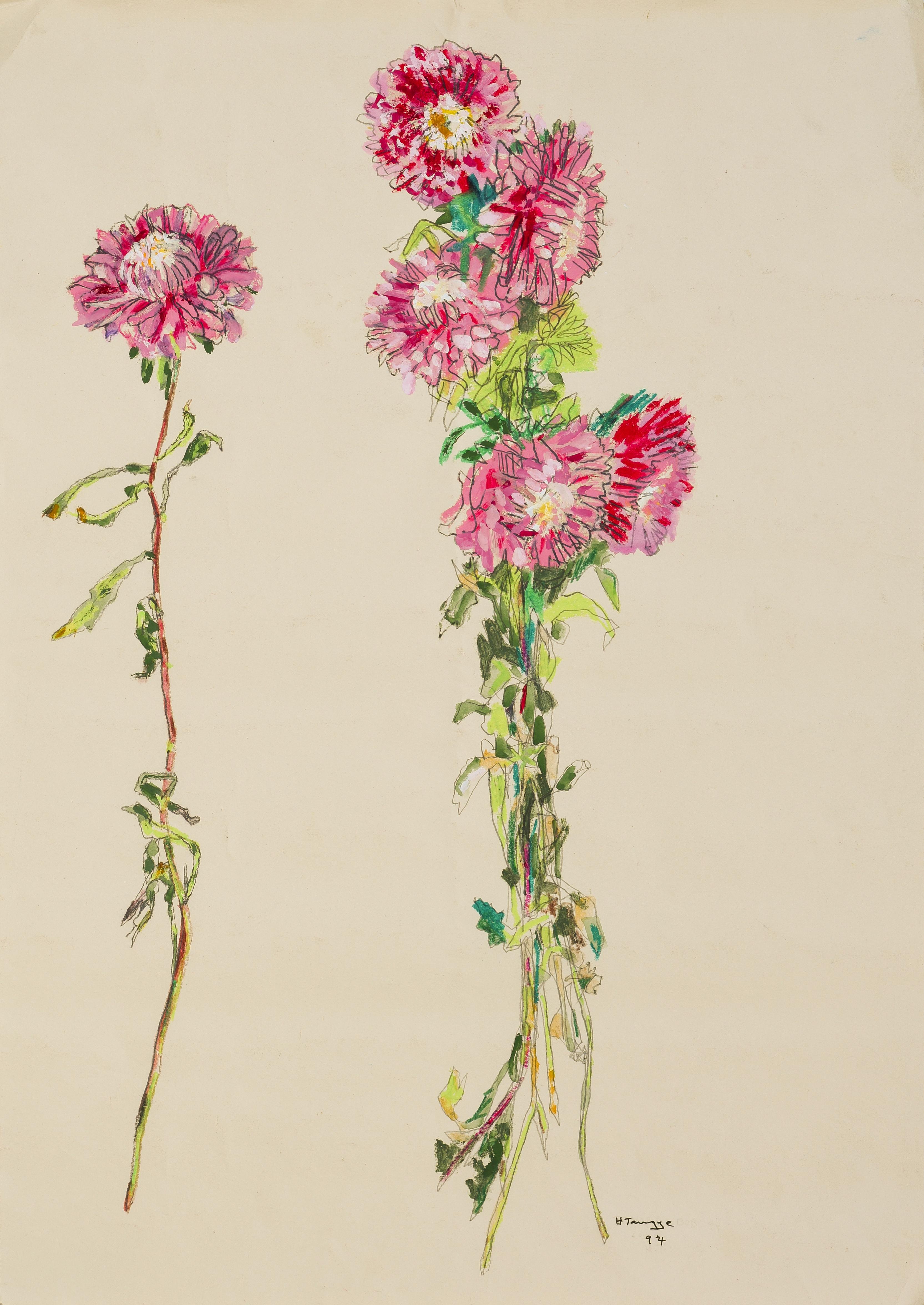 Howard Tangye Still-Life Painting - Flowers (Stems), Mixed media on cream paper