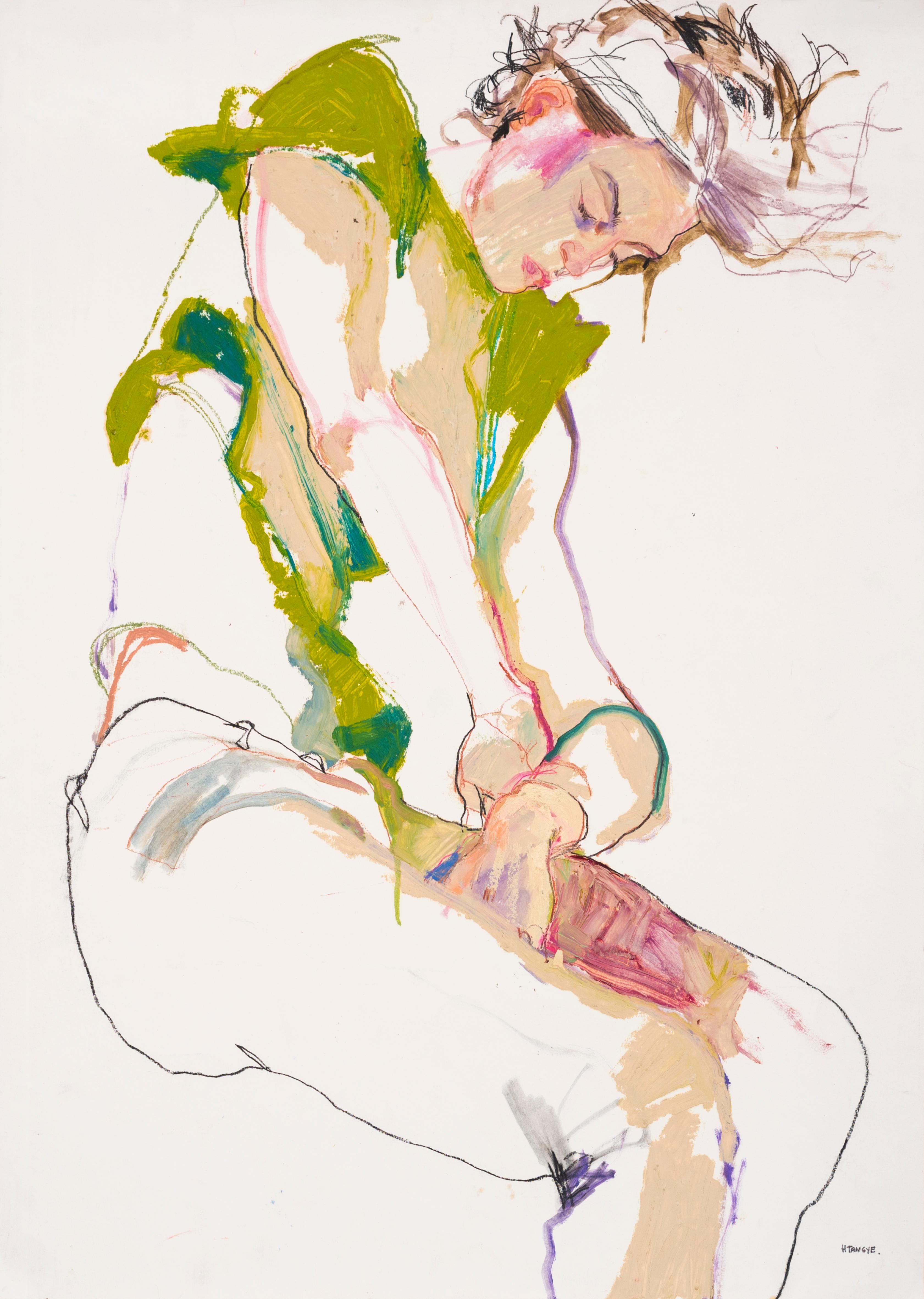 Howard Tangye Figurative Art - Arthur (Green on Green), Mixed media on Fabriano paper