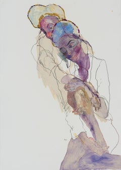 Pamela (Double - Heads and Hands), Mixed media on Fabriano paper
