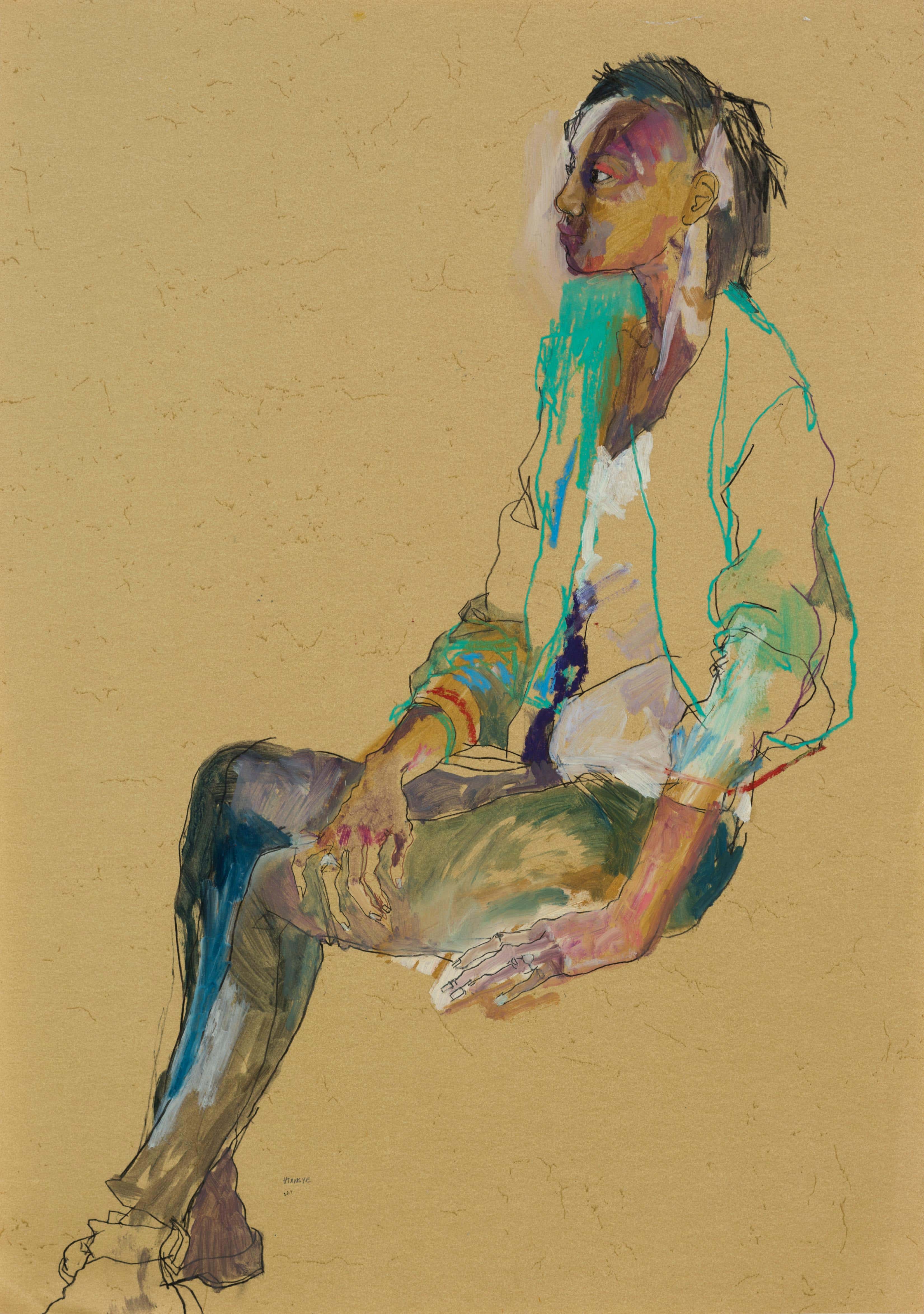 Howard Tangye Anji Sitting Profile Green Jacket Mixed Media On Howard Tangye Anji Sitting Profile Green Jacket Mixed Media On