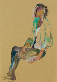 Anji (Sitting, Profile - Green Jacket), Technique mixte sur papier ocre