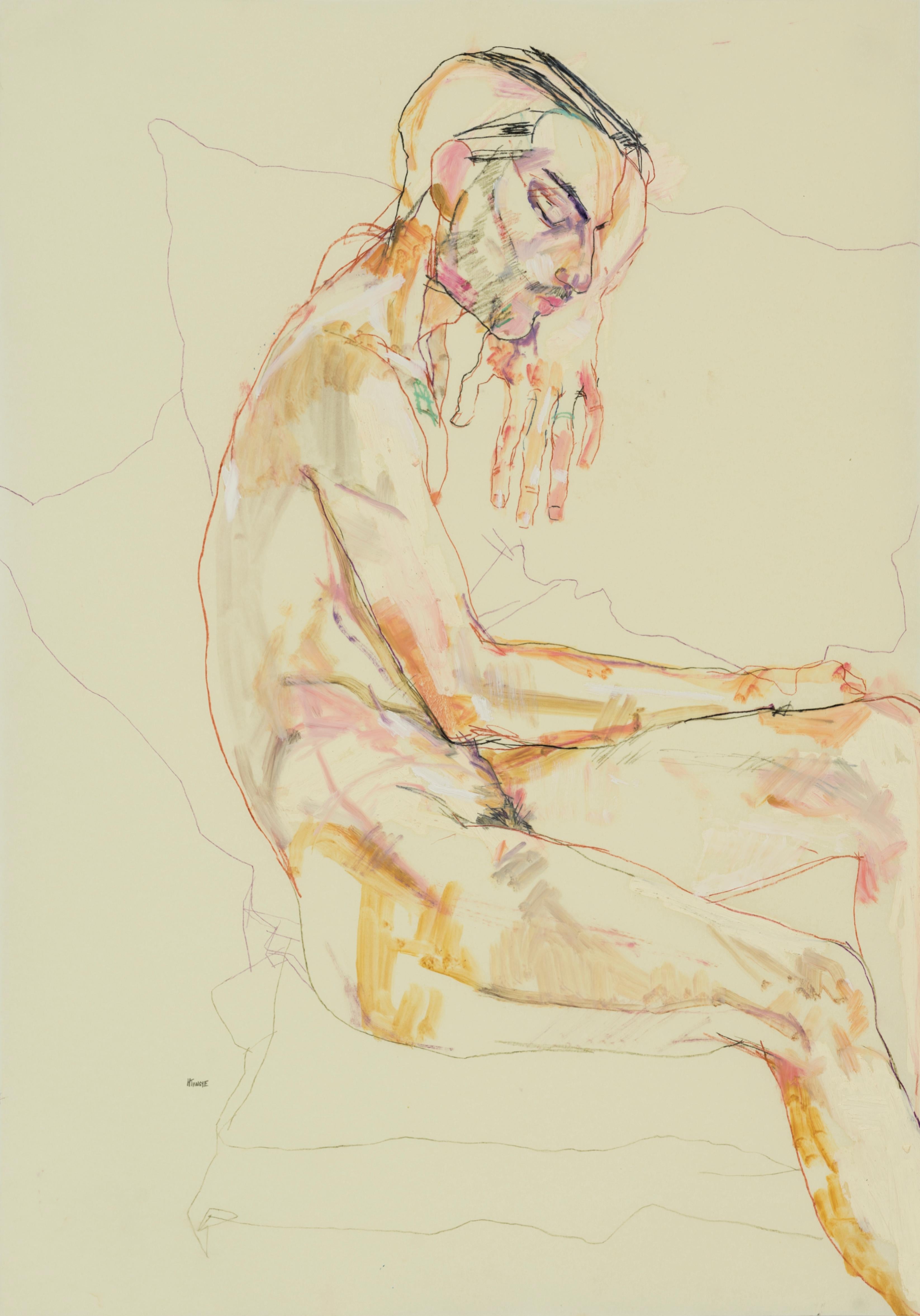 Howard Tangye Nude Painting - Francesco (Sitting, Profile - Nude), Mixed media on Pergamenata parchment