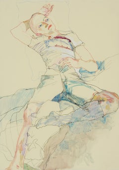 Matthew (Lying, Hand unter dem Kopf - Blau), Mixed Media auf Pergamenata-Pergament