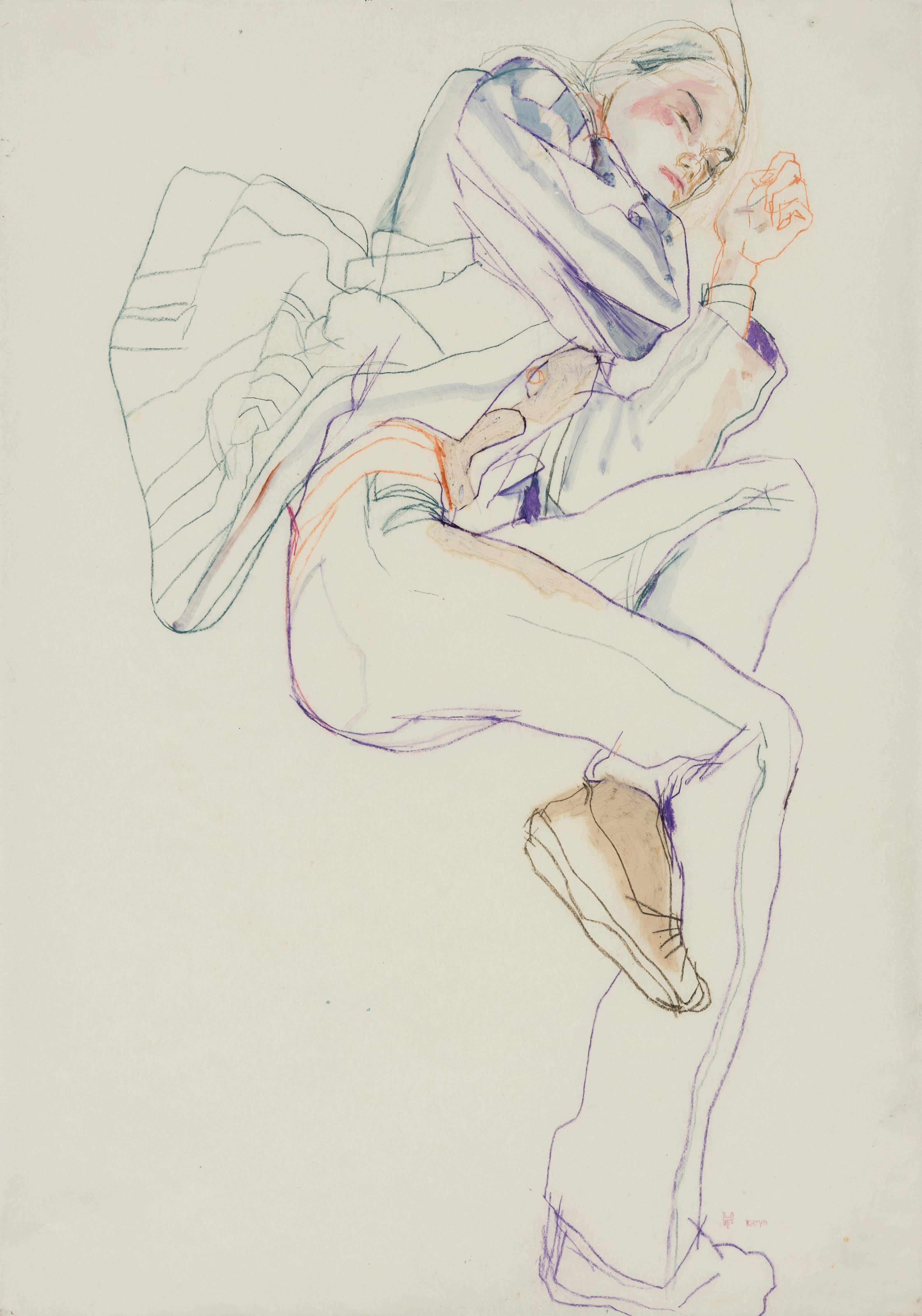 Howard Tangye Figurative Art - Katya (in George's Jacket - Sleeping), Mixed media on Pergamenata parchment