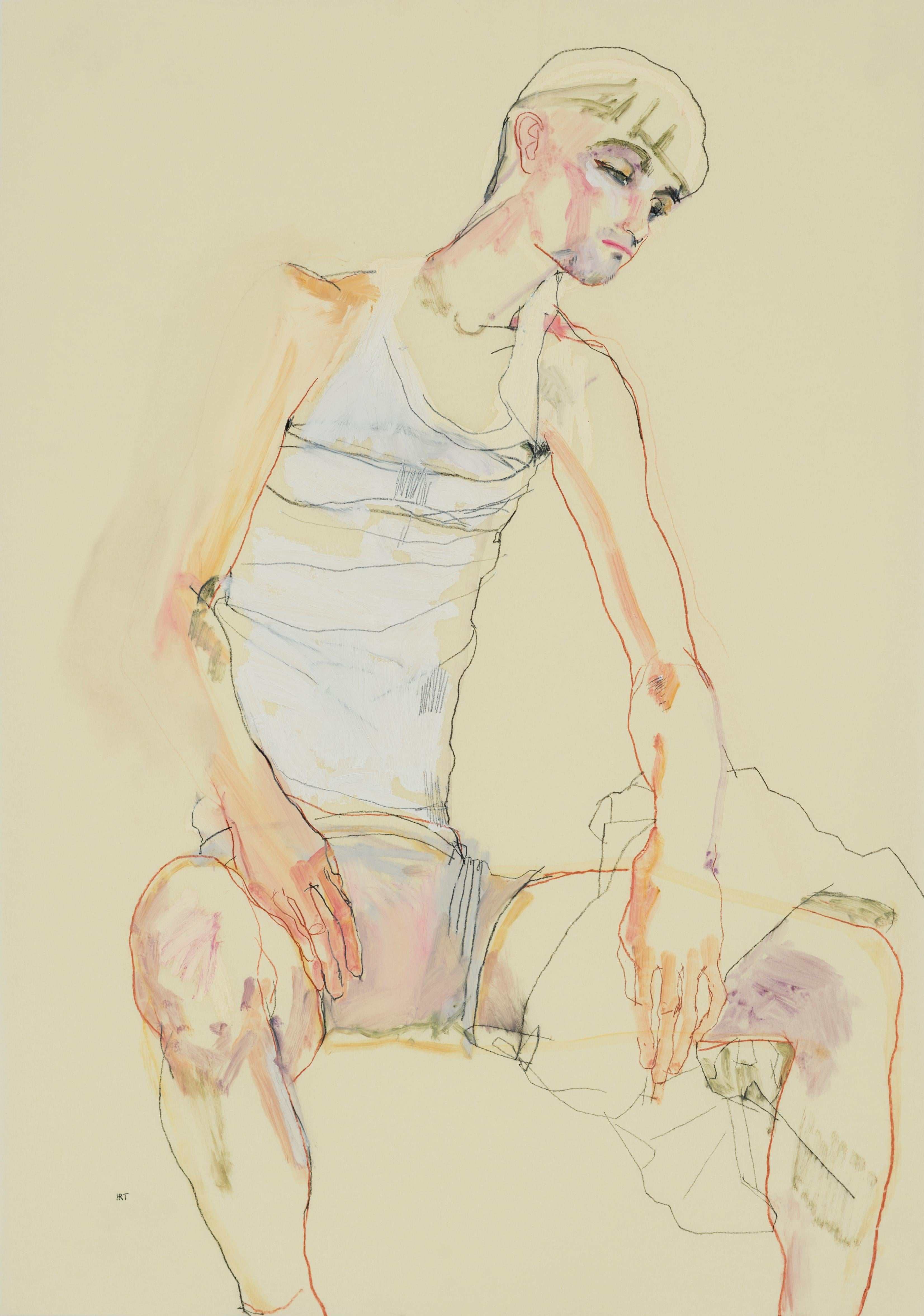 Howard Tangye Figurative Art – Andrew (Sitz, Hände auf den Oberschenkeln), Mixed Media auf Pergamenata-Pergament