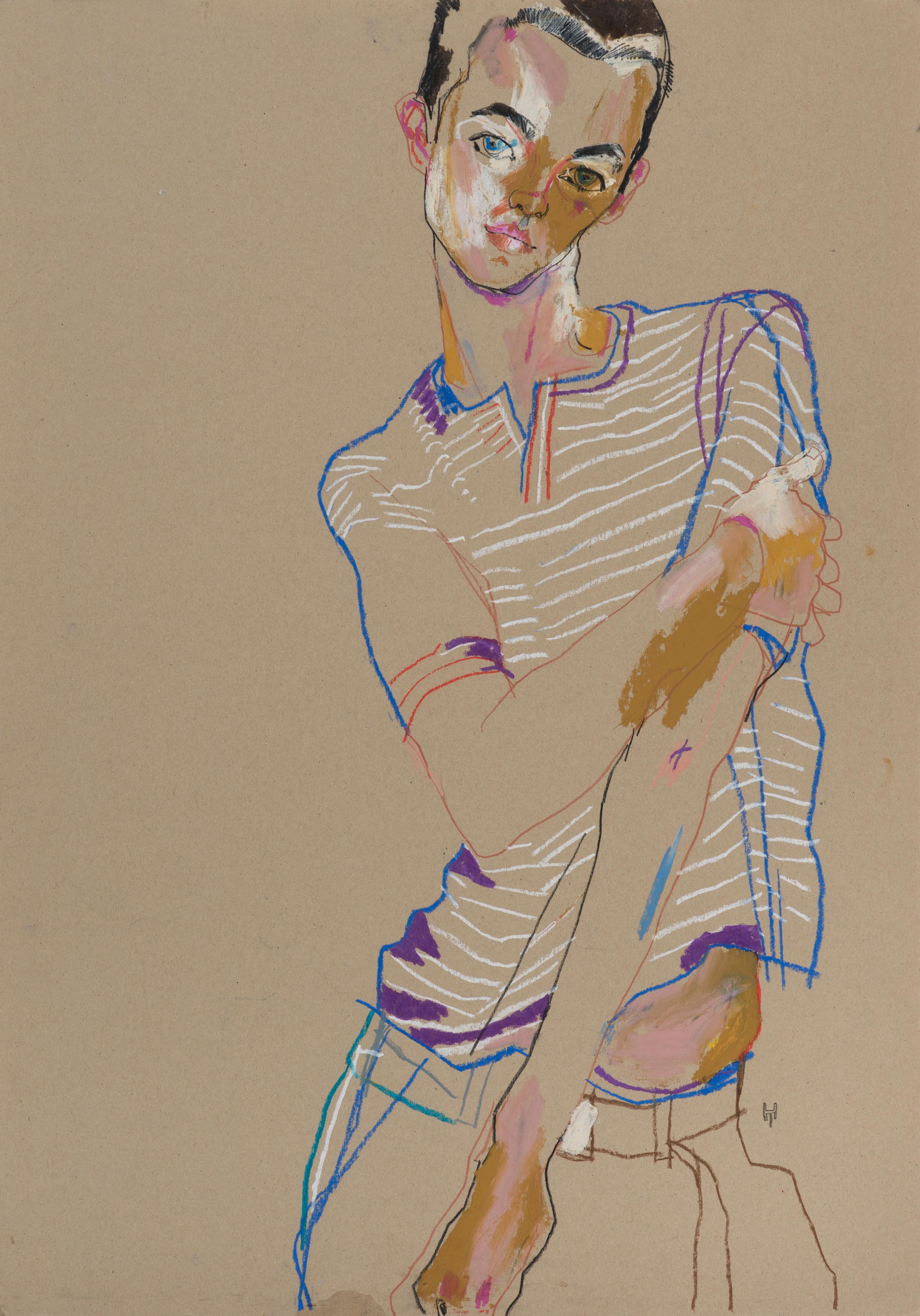 Howard Tangye Portrait Painting - Neil G. (Standing - Striped Shirt), Mixed media on board