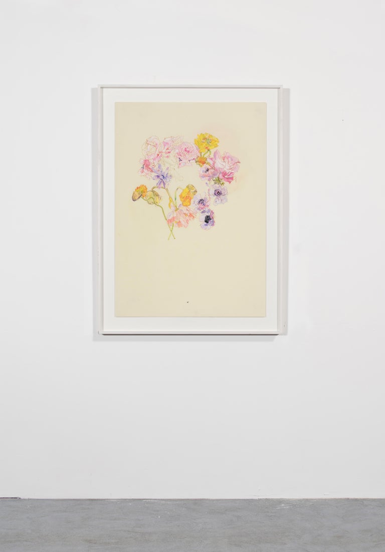 Flower Circle (Roses, Poppies, Peonies), Mixed media on Pergamenata parchment - Beige Still-Life by Howard Tangye