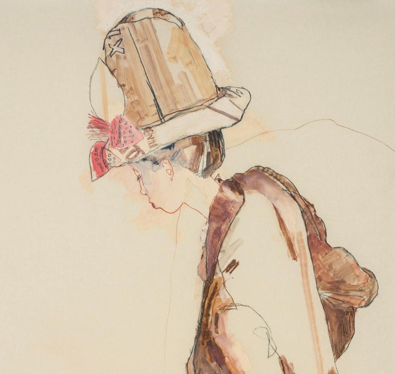 Maria Nishio (Profile - Browns), Mixed media on Pergamenata parchment - Beige Figurative Painting by Howard Tangye