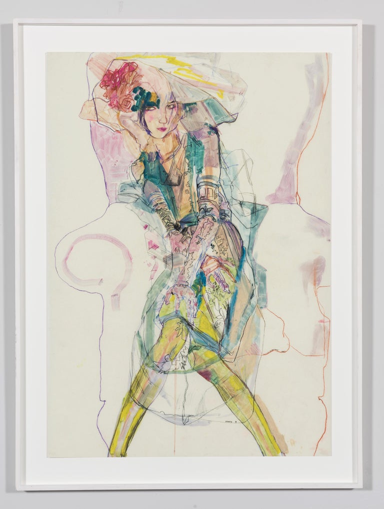 Elodie (Green, Galliano Couture, Paris), Mixed media on Pergamenata parchment - Painting by Howard Tangye