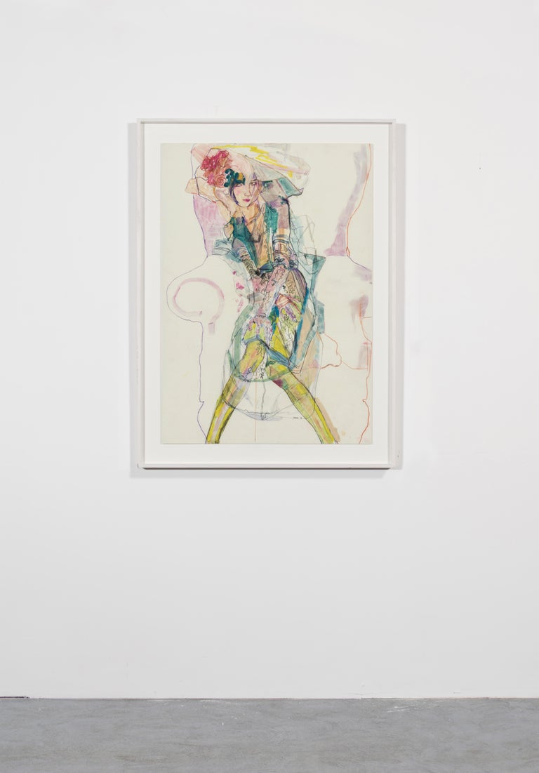 Elodie (Green, Galliano Couture, Paris), Mixed media on Pergamenata parchment - Contemporary Painting by Howard Tangye