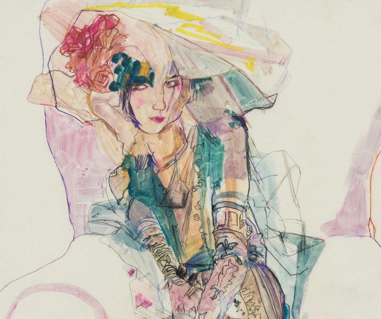 Elodie (Green, Galliano Couture, Paris), Mixed media on Pergamenata parchment - Beige Figurative Painting by Howard Tangye