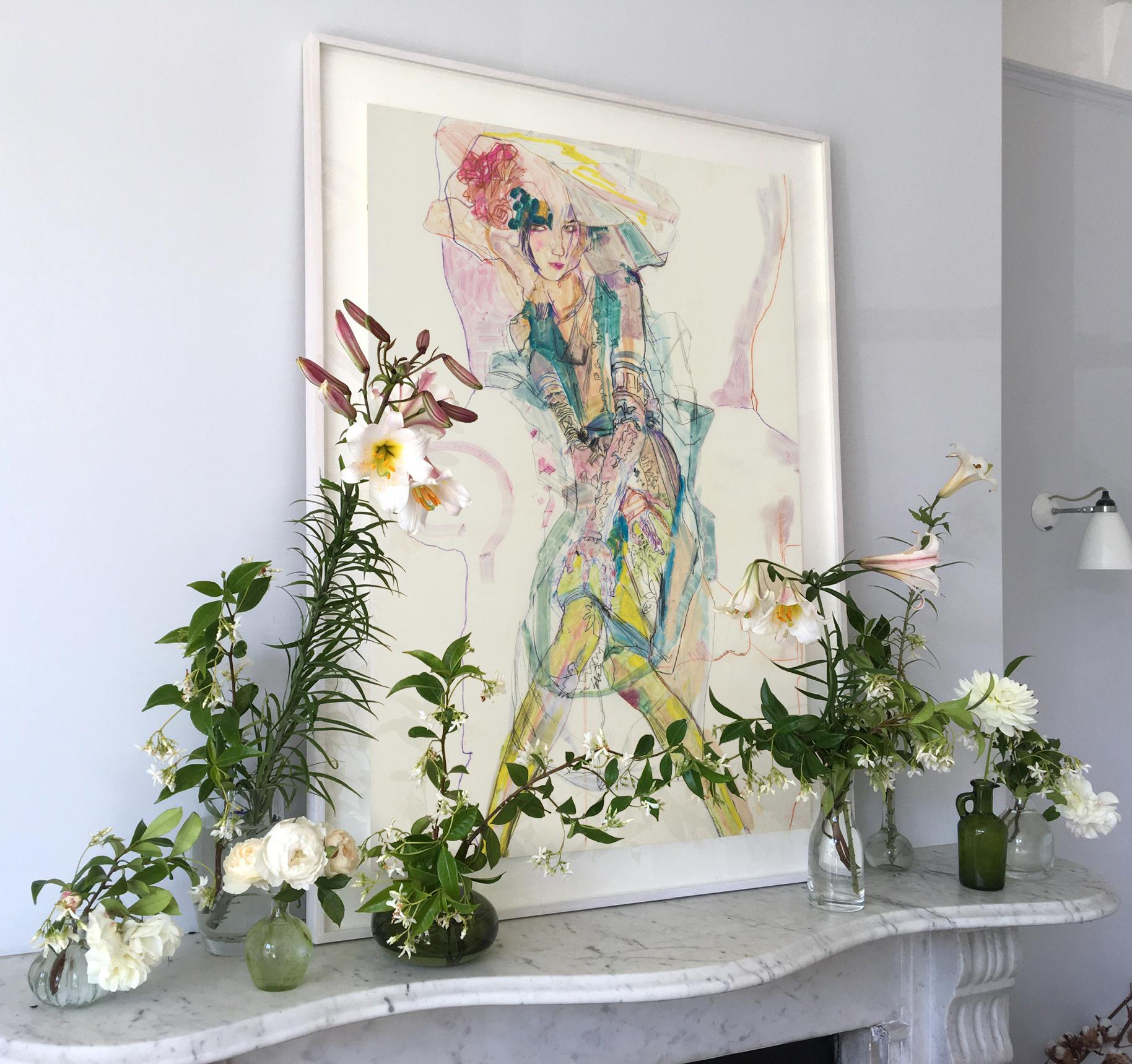 Elodie (Green, Galliano Couture, Paris), Mixed media on Pergamenata parchment - Contemporary Painting by Howard Tangye