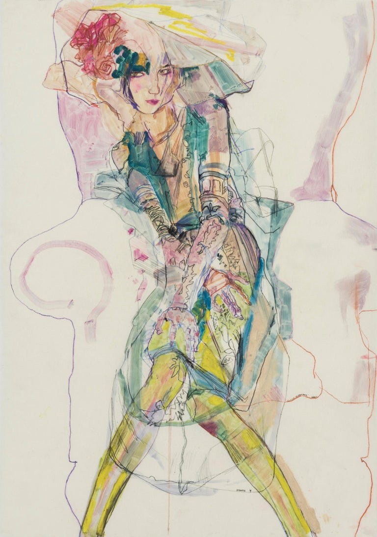 Howard Tangye Figurative Painting - Elodie (Green, Galliano Couture, Paris), Mixed media on Pergamenata parchment