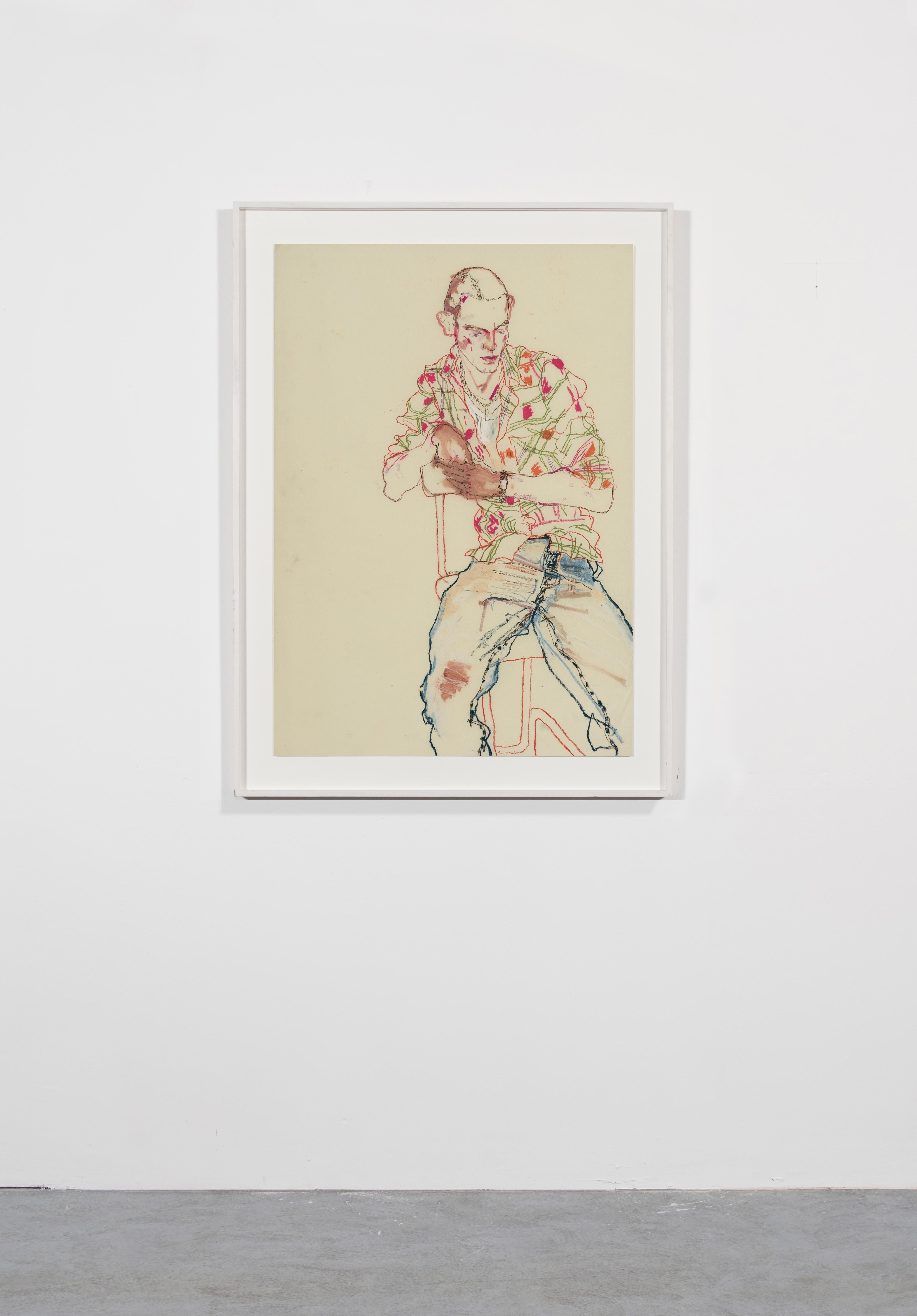 Michele P. (Camicia a quadri, jeans blu), Tecnica mista su pergamena Pergamenata - Painting Contemporaneo di Howard Tangye