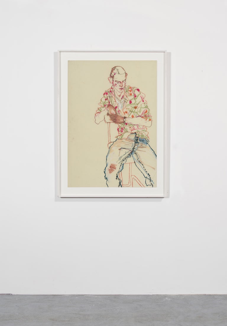 Michele P. (Check Shirt, Blue Jeans), Mixed media on Pergamenata parchment - Contemporary Painting by Howard Tangye