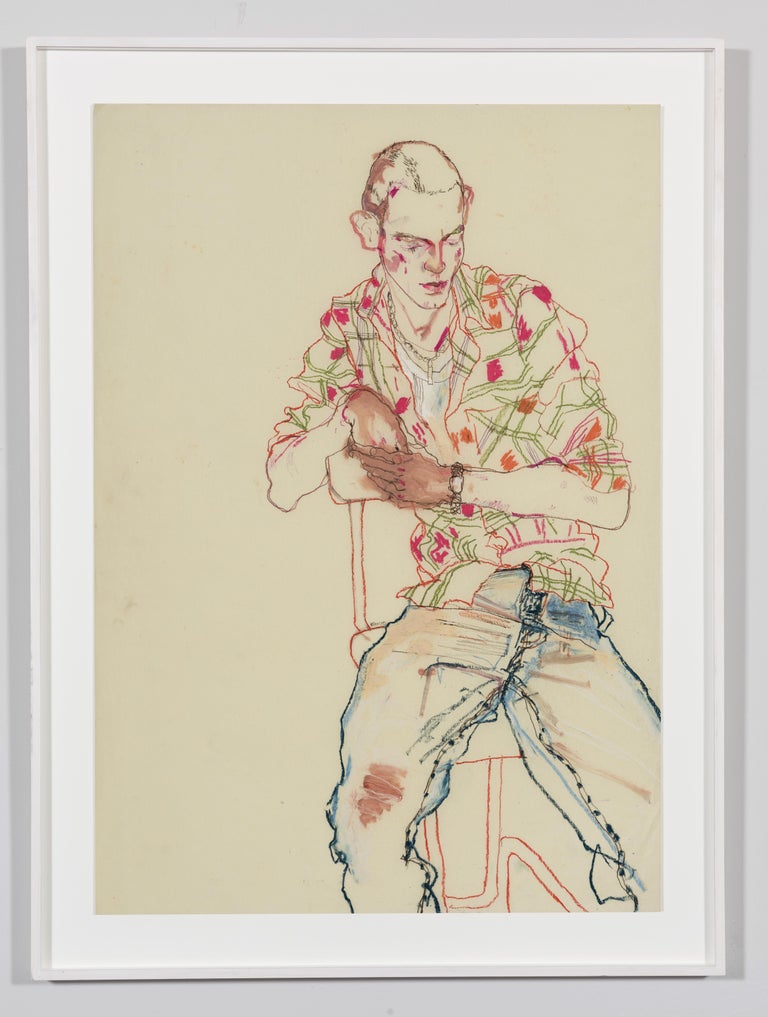 Michele P. (Check Shirt, Blue Jeans), Mixed media on Pergamenata parchment - Painting by Howard Tangye