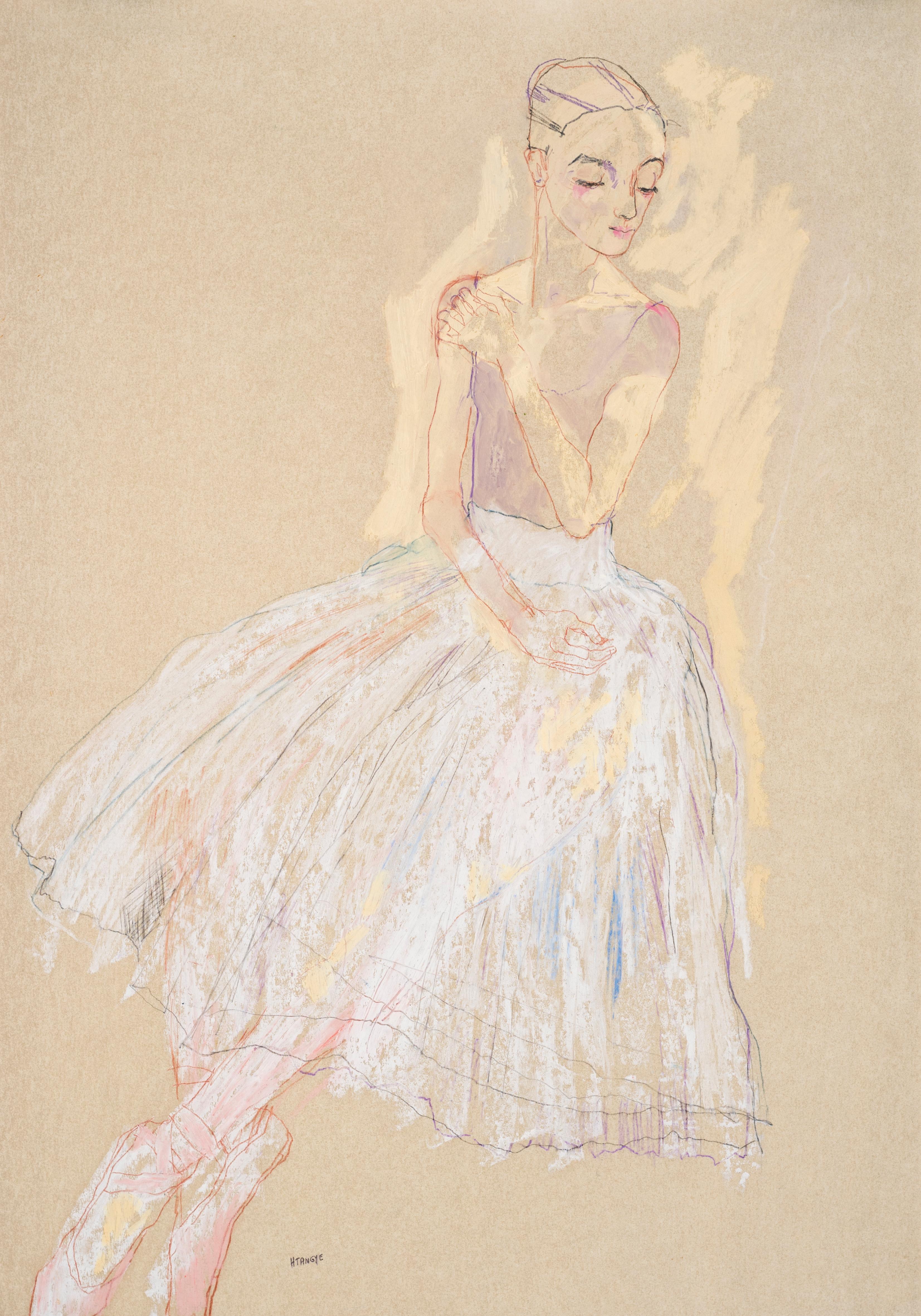 Howard Tangye Figurative Painting - Ballet Girl (White Tutu), Mixed media on Pergamenata parchment