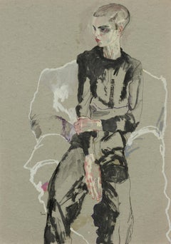 Lee Roach (Sitting), Mixed media on grey parchment 