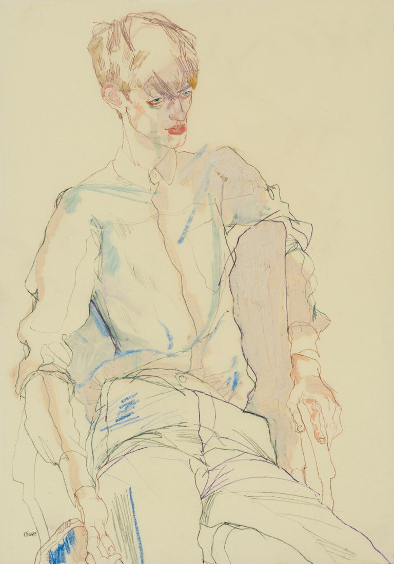 Howard Tangye Figurative Painting - Stuart (Sitting, Arms Draped), Mixed media on Pergamenata parchment