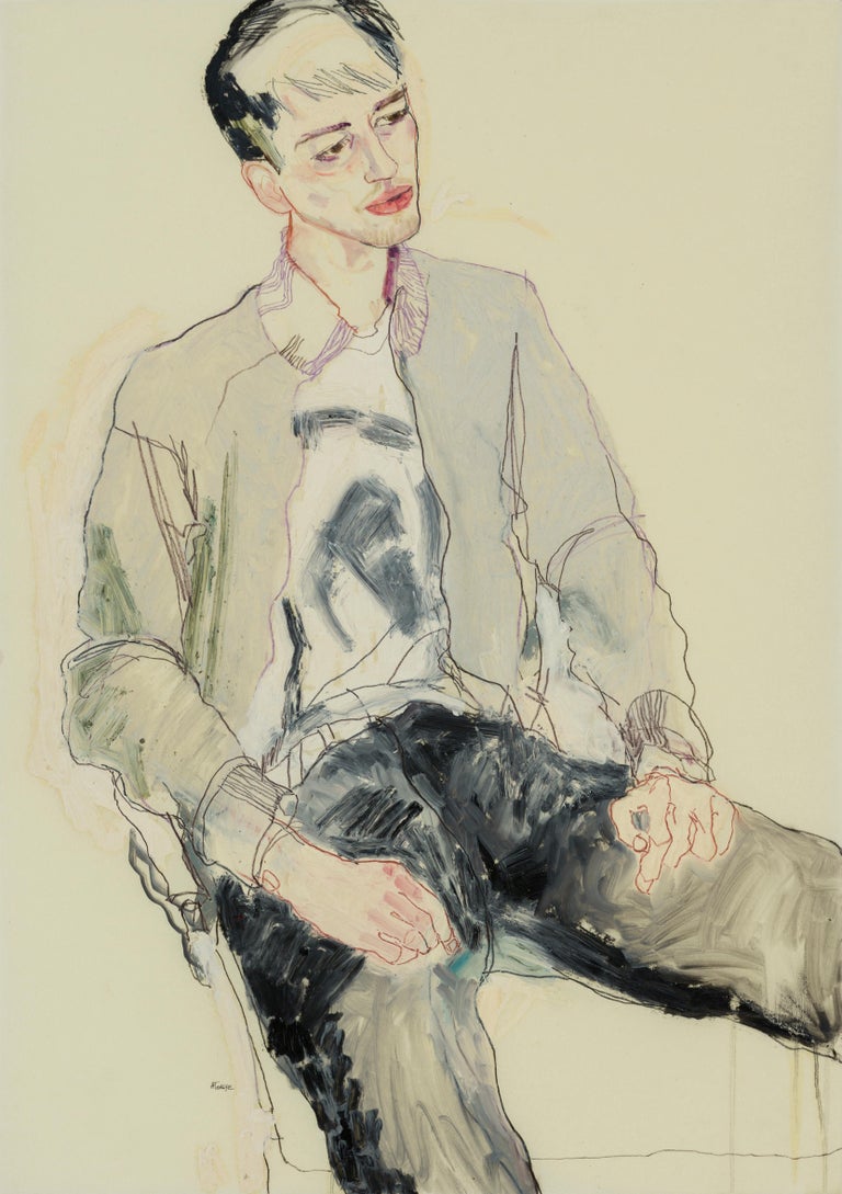 Howard Tangye Figurative Painting - George (Sitting - Black, White and Grey), Mixed media on Pergamenata parchment