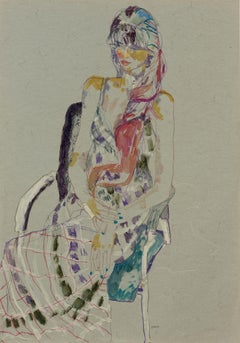 Moira C. (Sitting - Long Red Hair), Mixed media on grey parchment