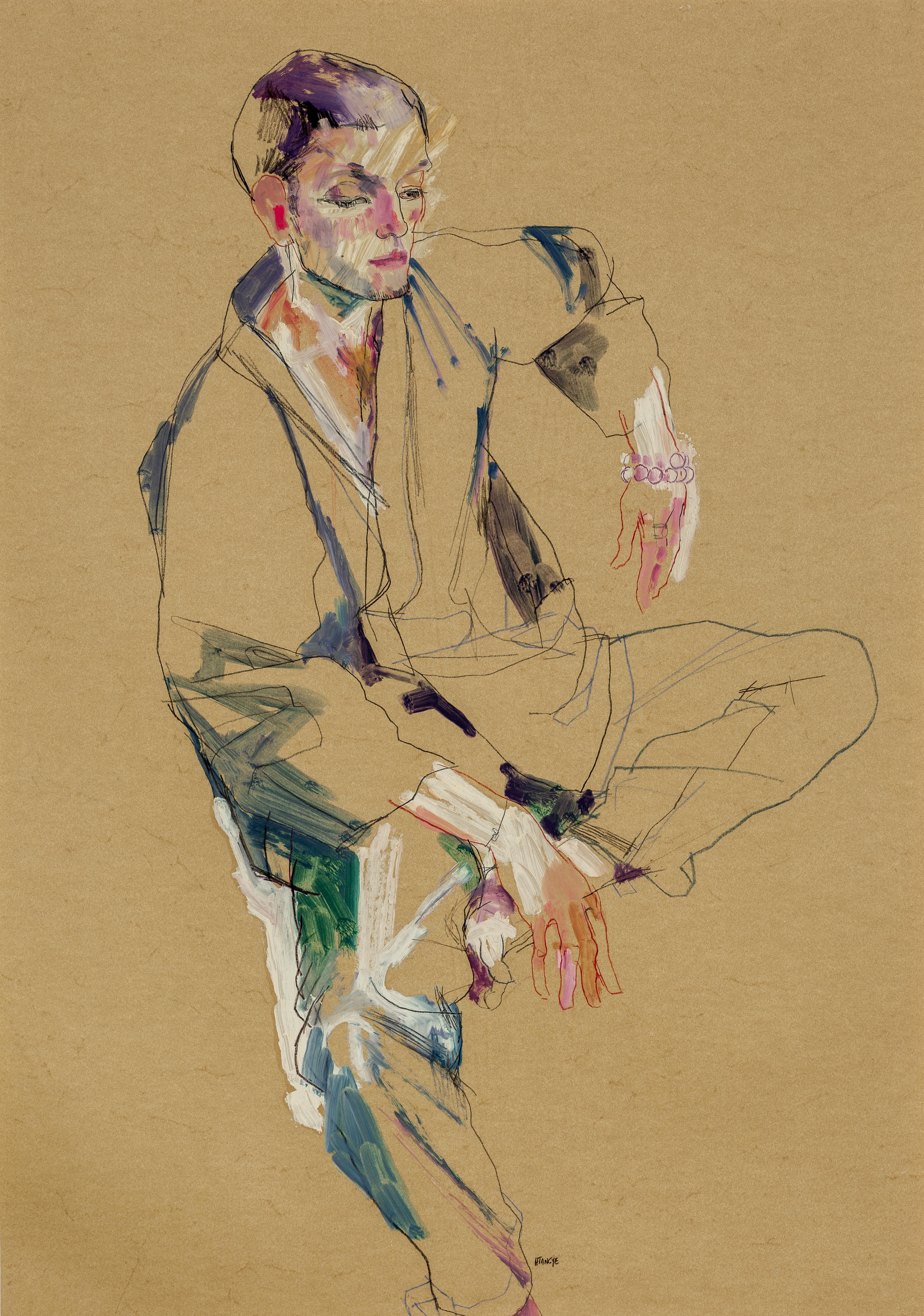 Howard Tangye Figurative Painting - Oleg (Kimono), Mixed media on ochre parchment paper