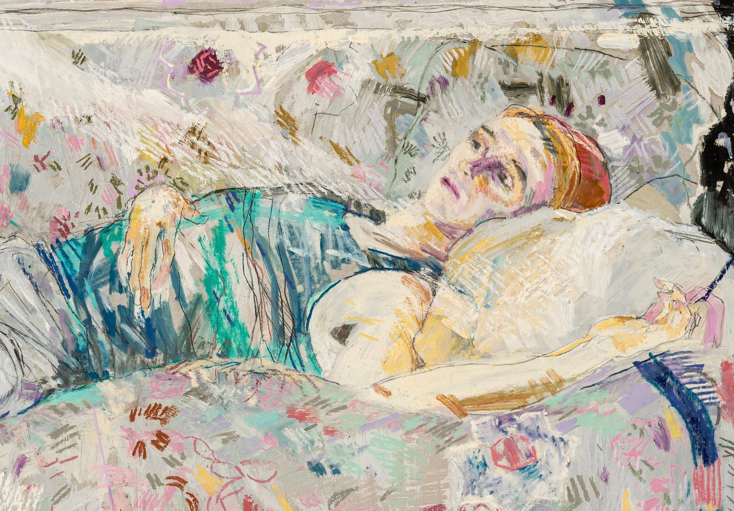 Richard M. (Lying - Sunlight), Mixed media on Pergameneta parchment - Contemporary Painting by Howard Tangye