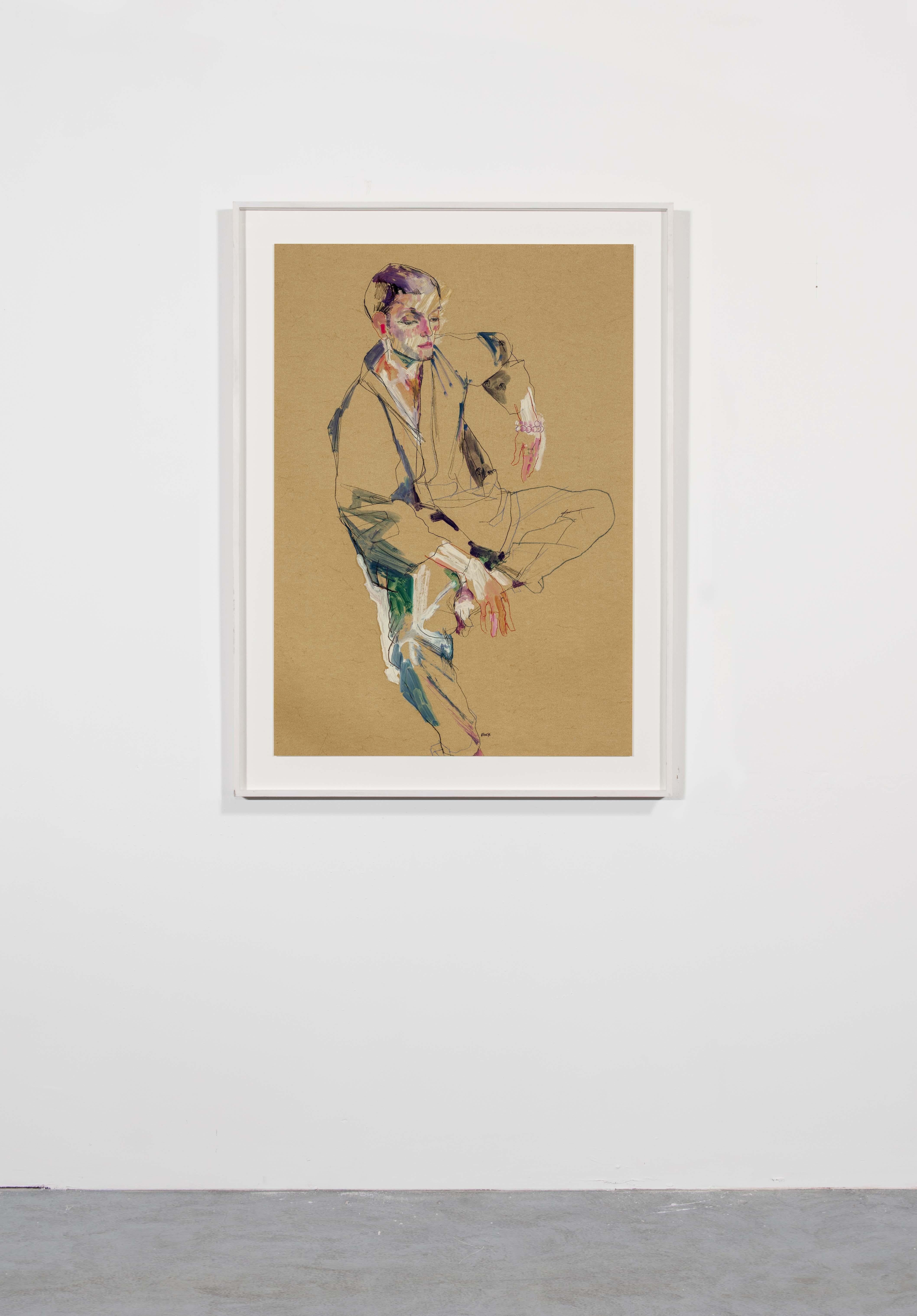 OCHRE (Kimono), Technique mixte sur papier parchemin ocre - Contemporain Painting par Howard Tangye