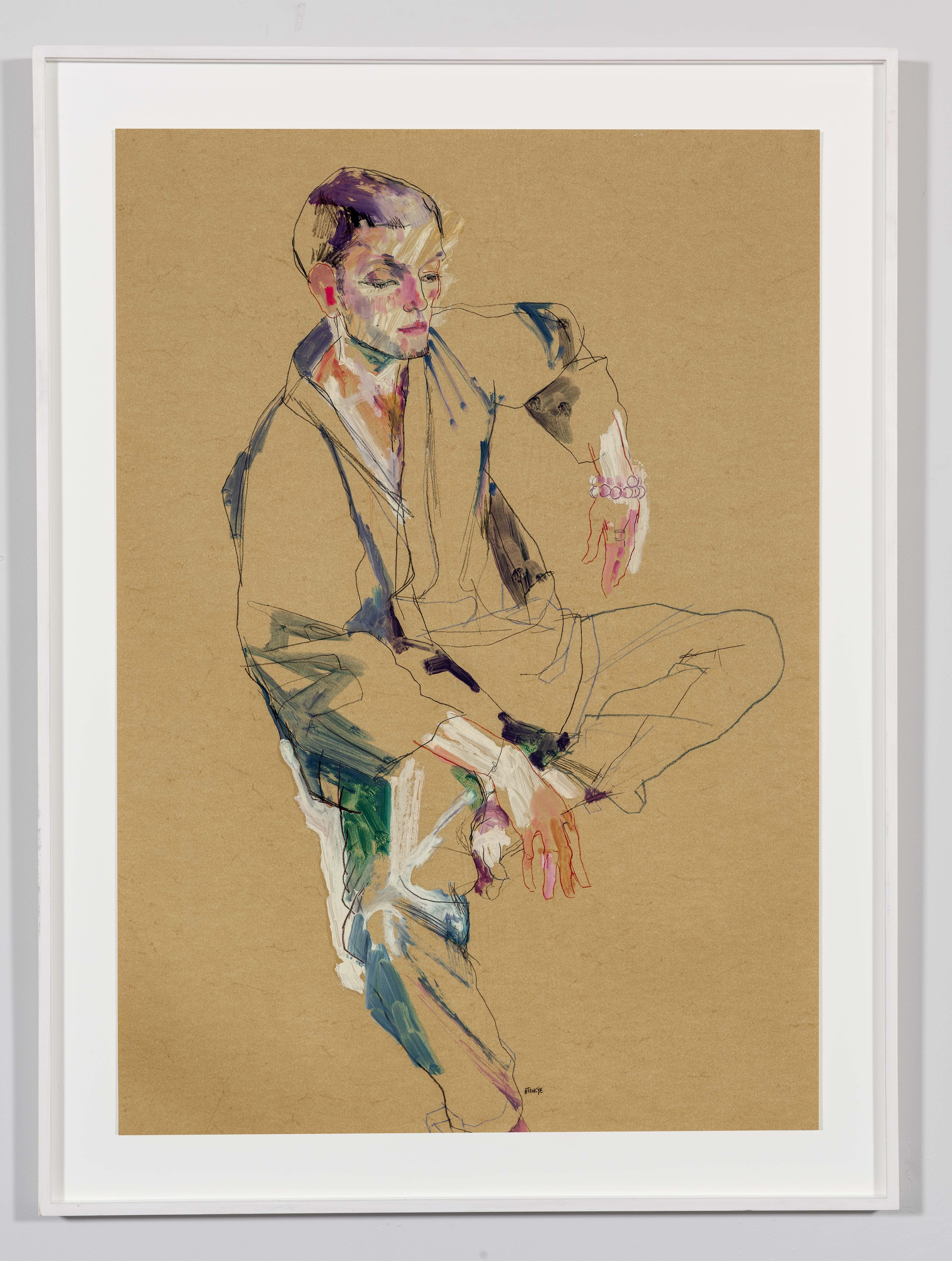 Oleg (Kimono), Mixed media on ochre parchment paper - Painting by Howard Tangye