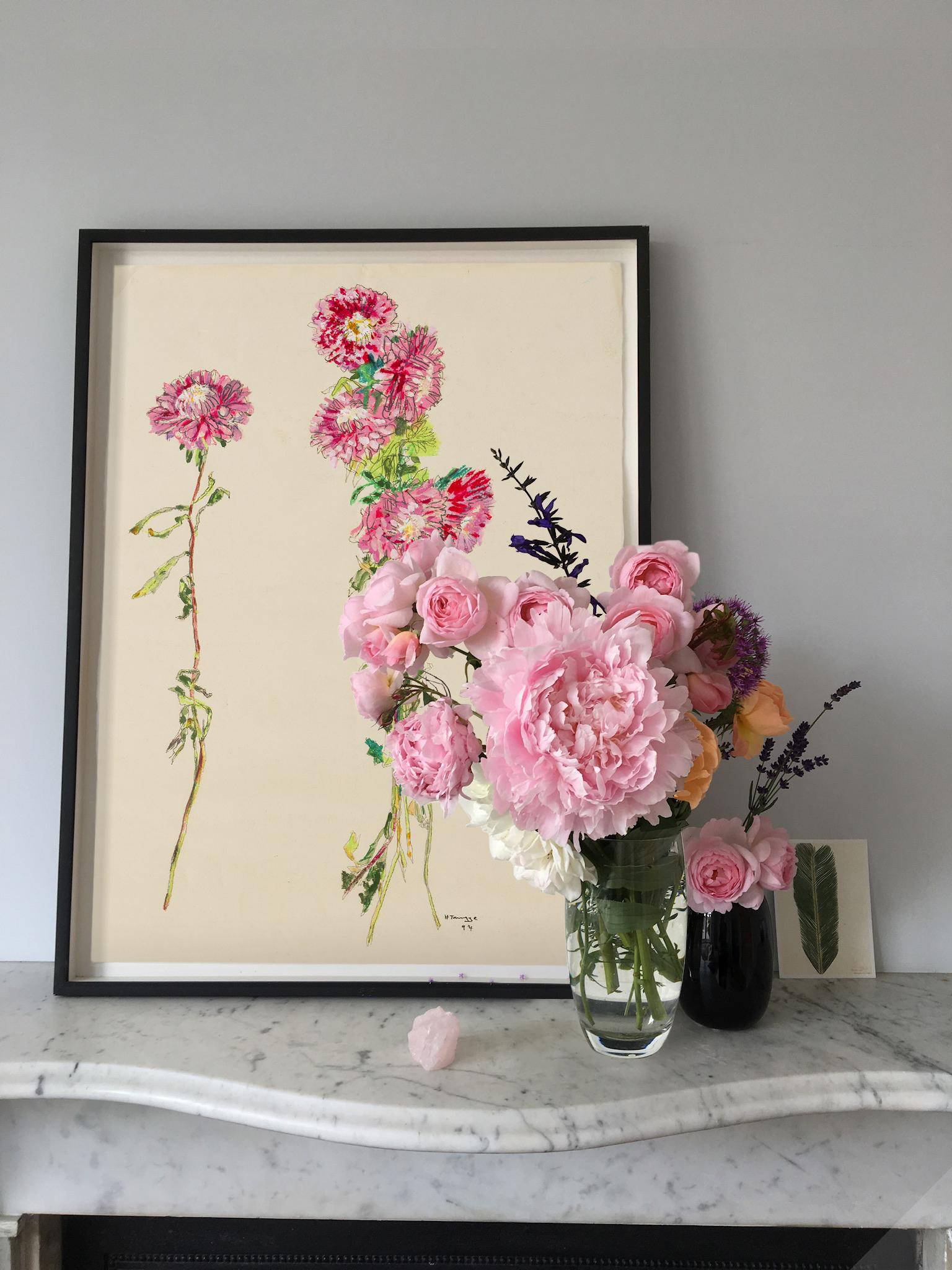 Fleurs (Stems), Techniques mixtes sur papier crème - Beige Still-Life Painting par Howard Tangye