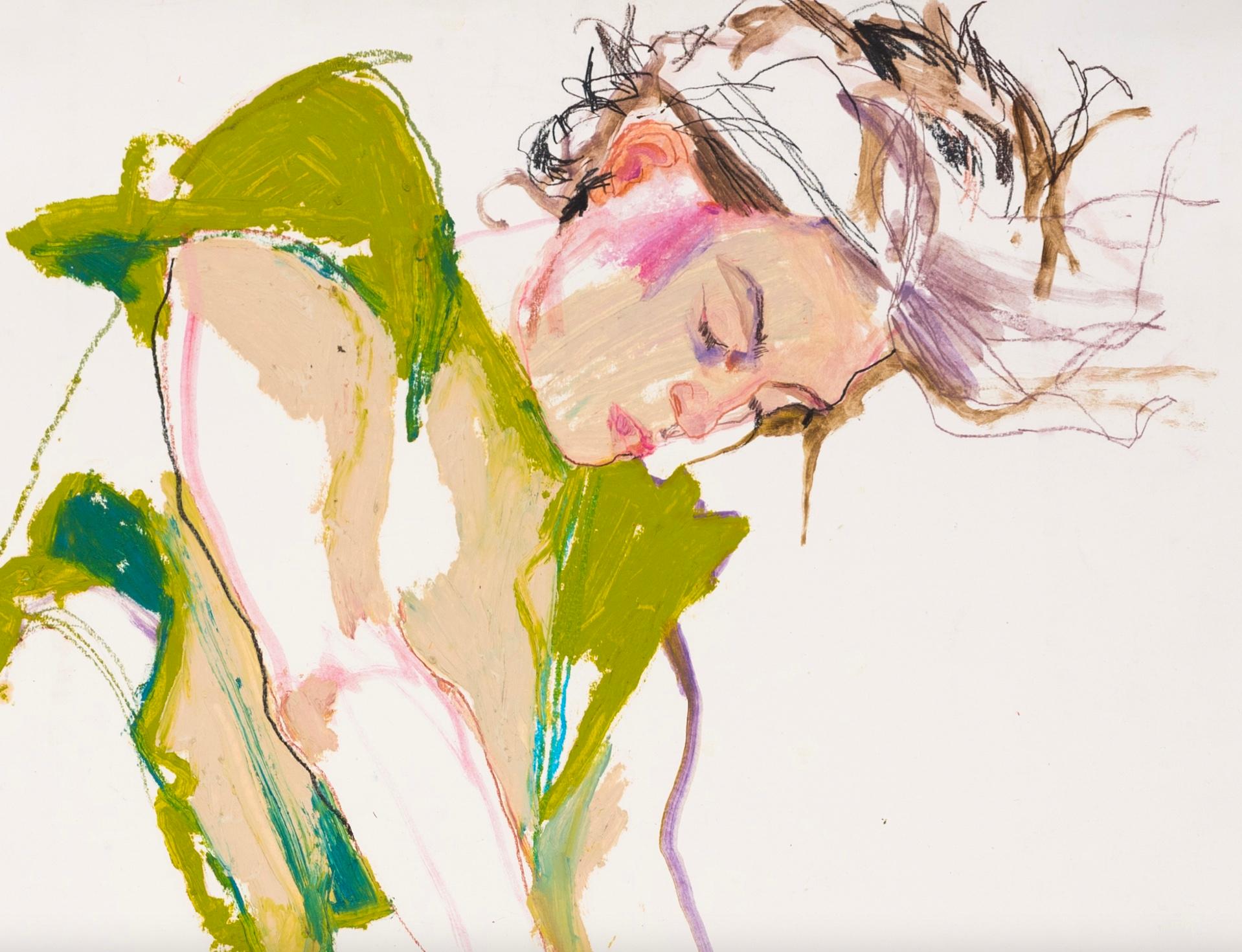 Arthur (Green on Green), Mixed media on Fabriano paper - Beige Figurative Art by Howard Tangye