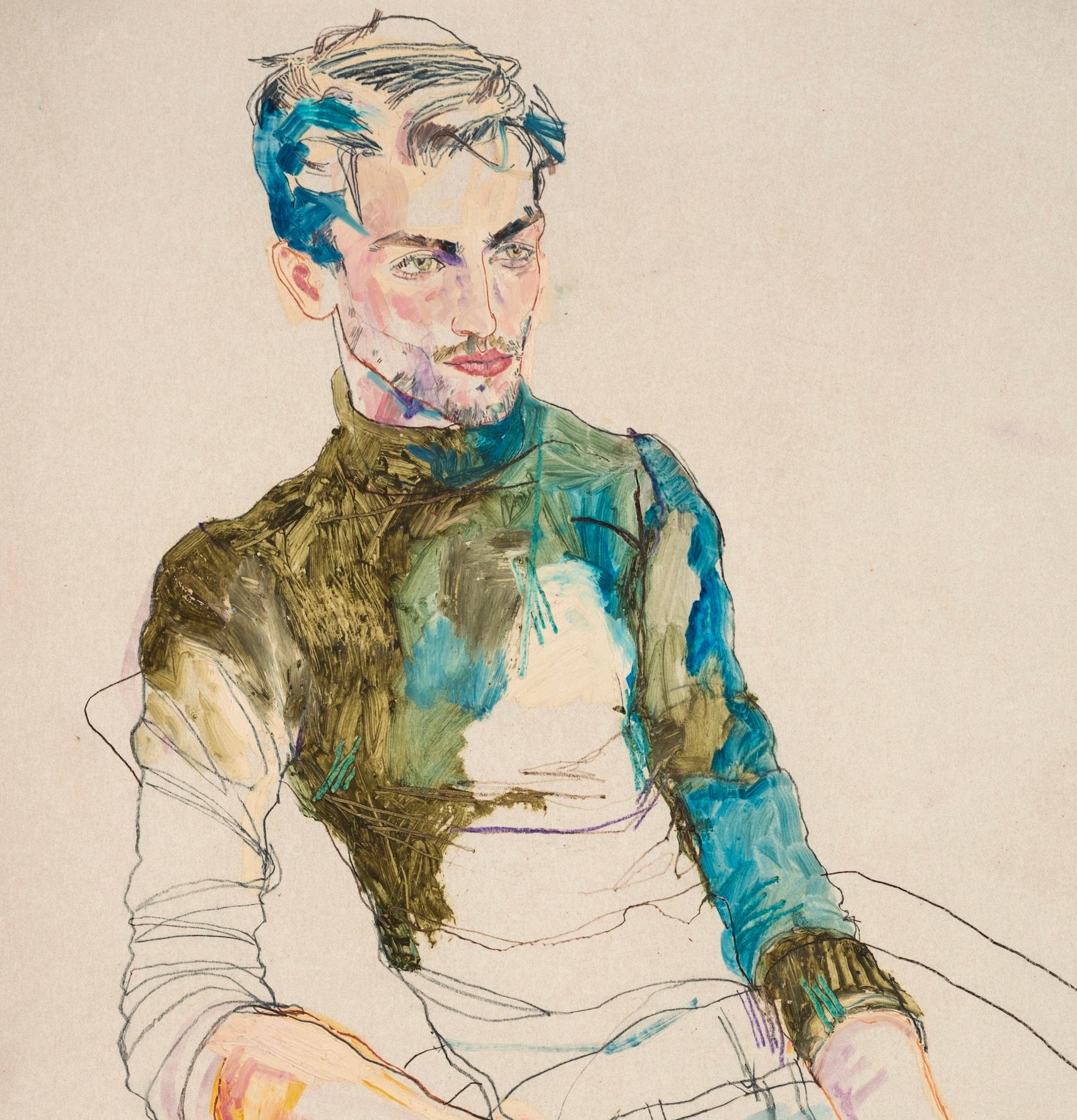 Francesco (Green Polo), Mixed media on Pergamenata parchment - Beige Figurative Art by Howard Tangye