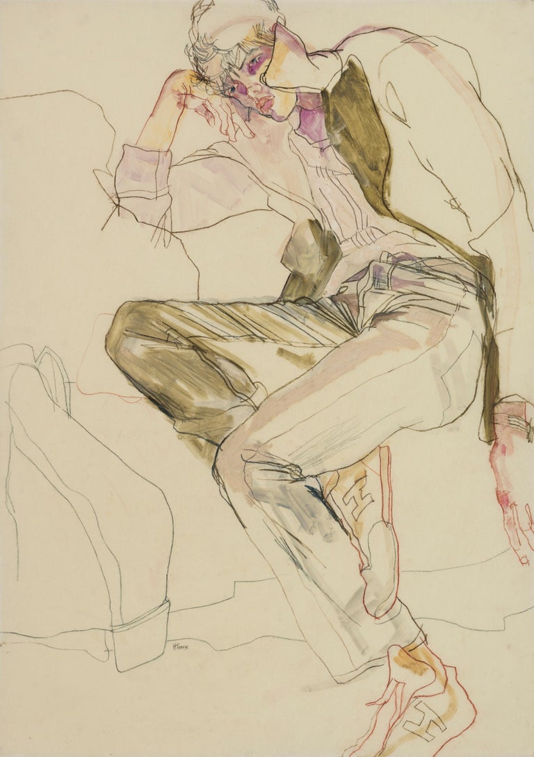 Howard Tangye Portrait Painting - Wes Gordon (Lying Down - Collar Up), Mixed media on Pergamenata parchment