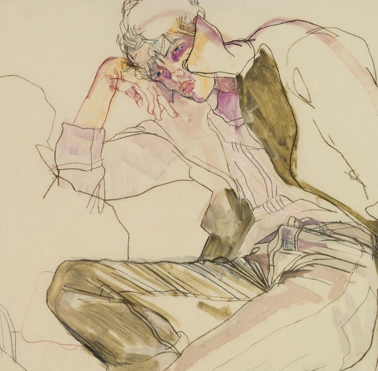 Wes Gordon (Lying Down - Collar Up), Mixed media on Pergamenata parchment - Painting by Howard Tangye