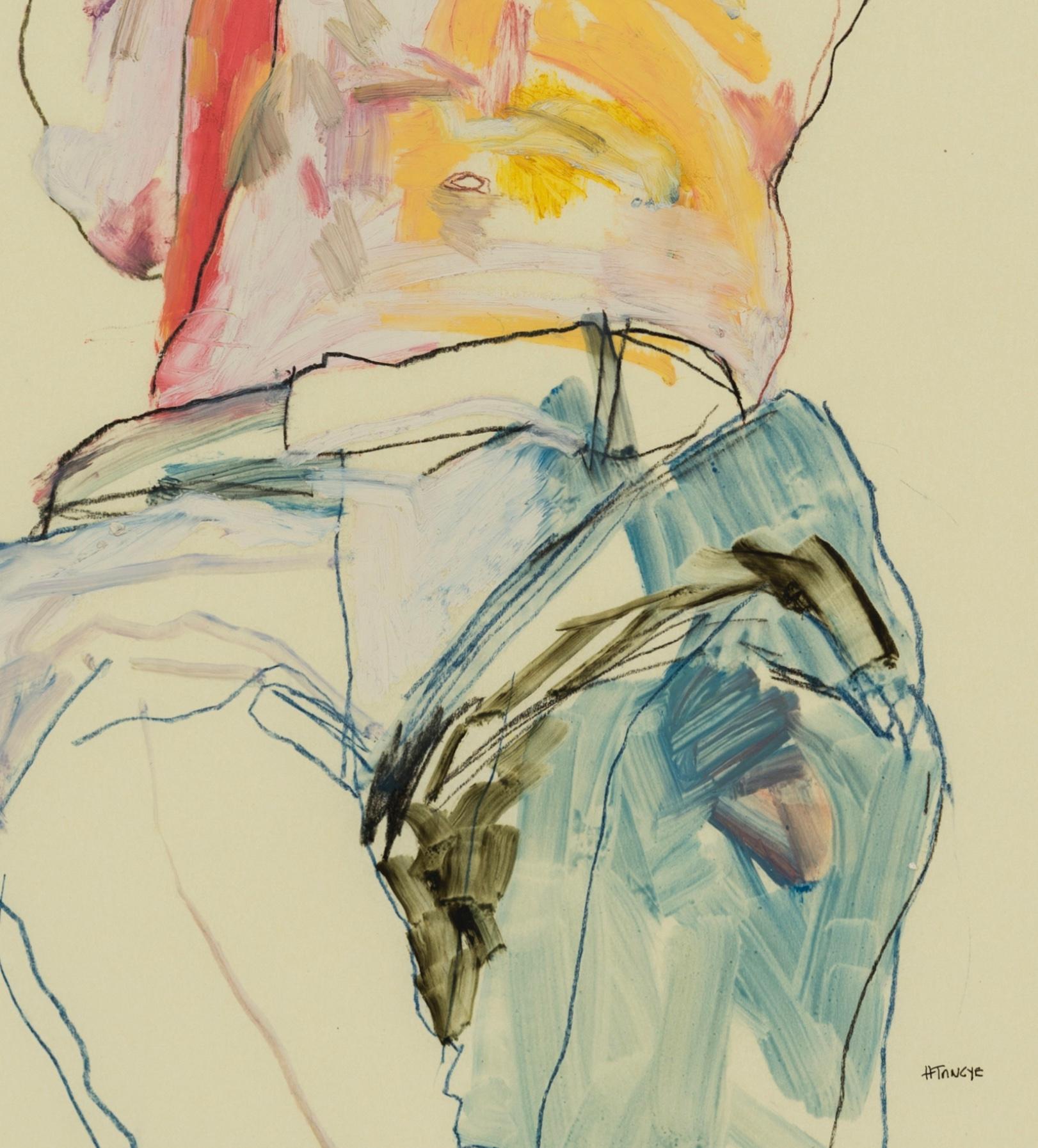 Francesco (Blue Trousers), Mixed media on Pergamenata parchment - Beige Figurative Painting by Howard Tangye