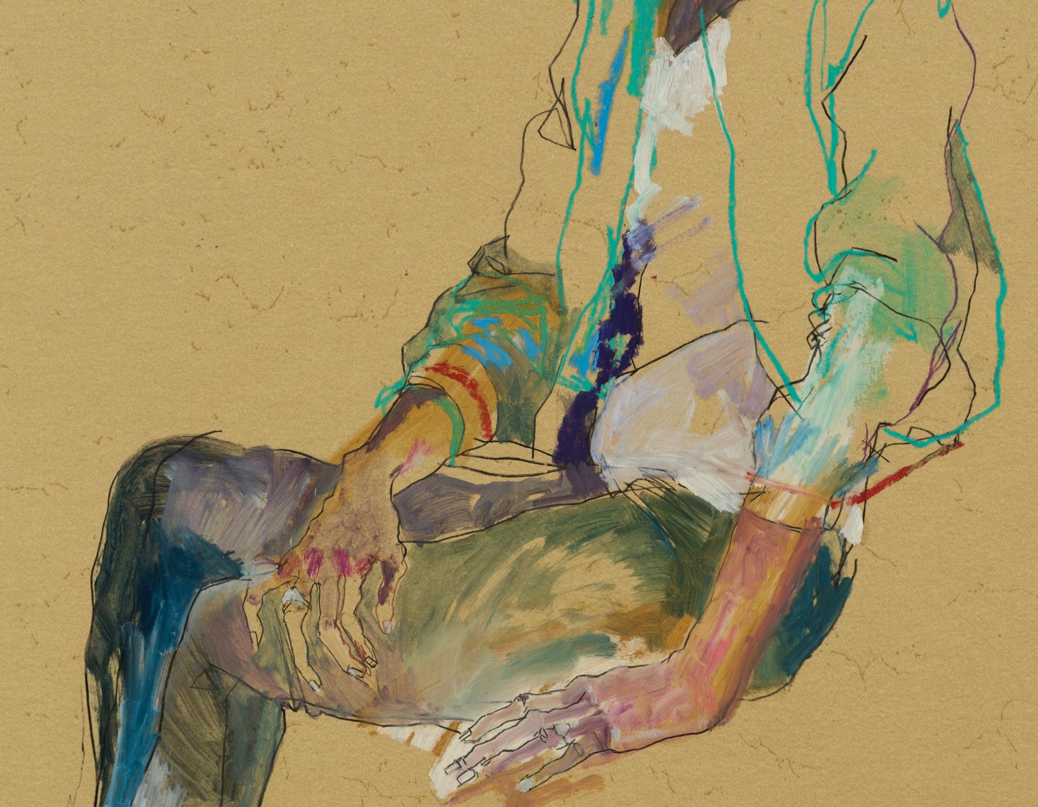 Anji (Sitting, Profile - Green Jacket), Mixed media on ochre paper - Contemporary Art by Howard Tangye