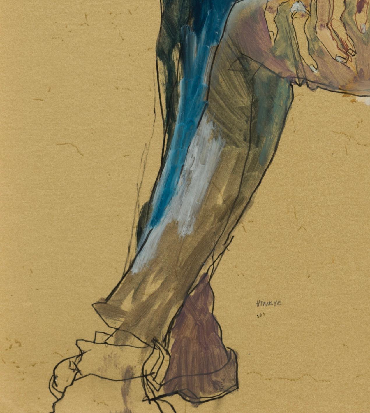 Anji (Sitting, Profile - Green Jacket), Mixed media on ochre paper - Brown Portrait by Howard Tangye