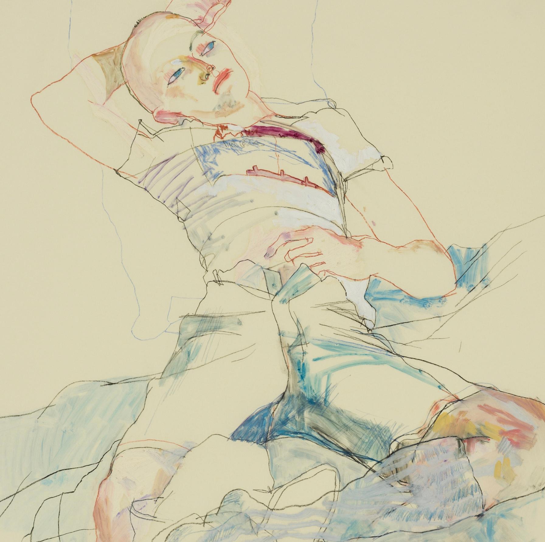 Matthew (Lying, Hand Under Head - Bleus), techniques mixtes sur parchemin Pergamenata - Beige Figurative Painting par Howard Tangye