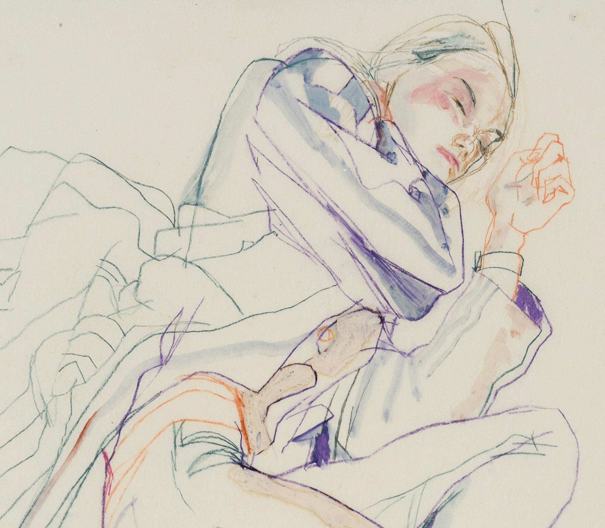 Katya (in George's Jacket - Sleeping), Mixed media on Pergamenata parchment - Art by Howard Tangye