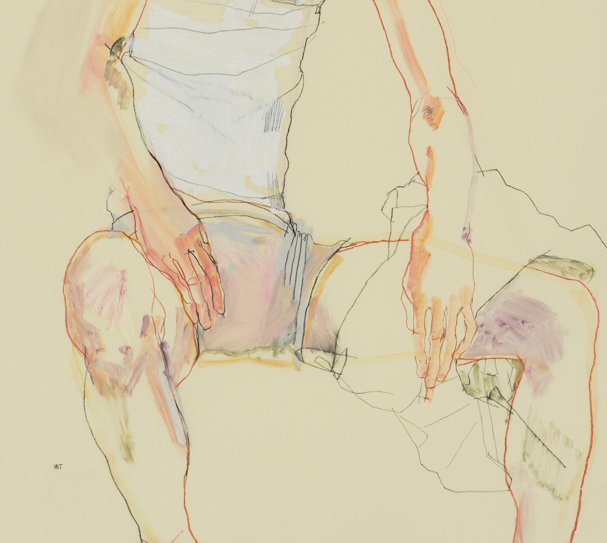 Andrew (Sitting, Hands on Thighs), Mixed media on Pergamenata parchment - Contemporary Art by Howard Tangye