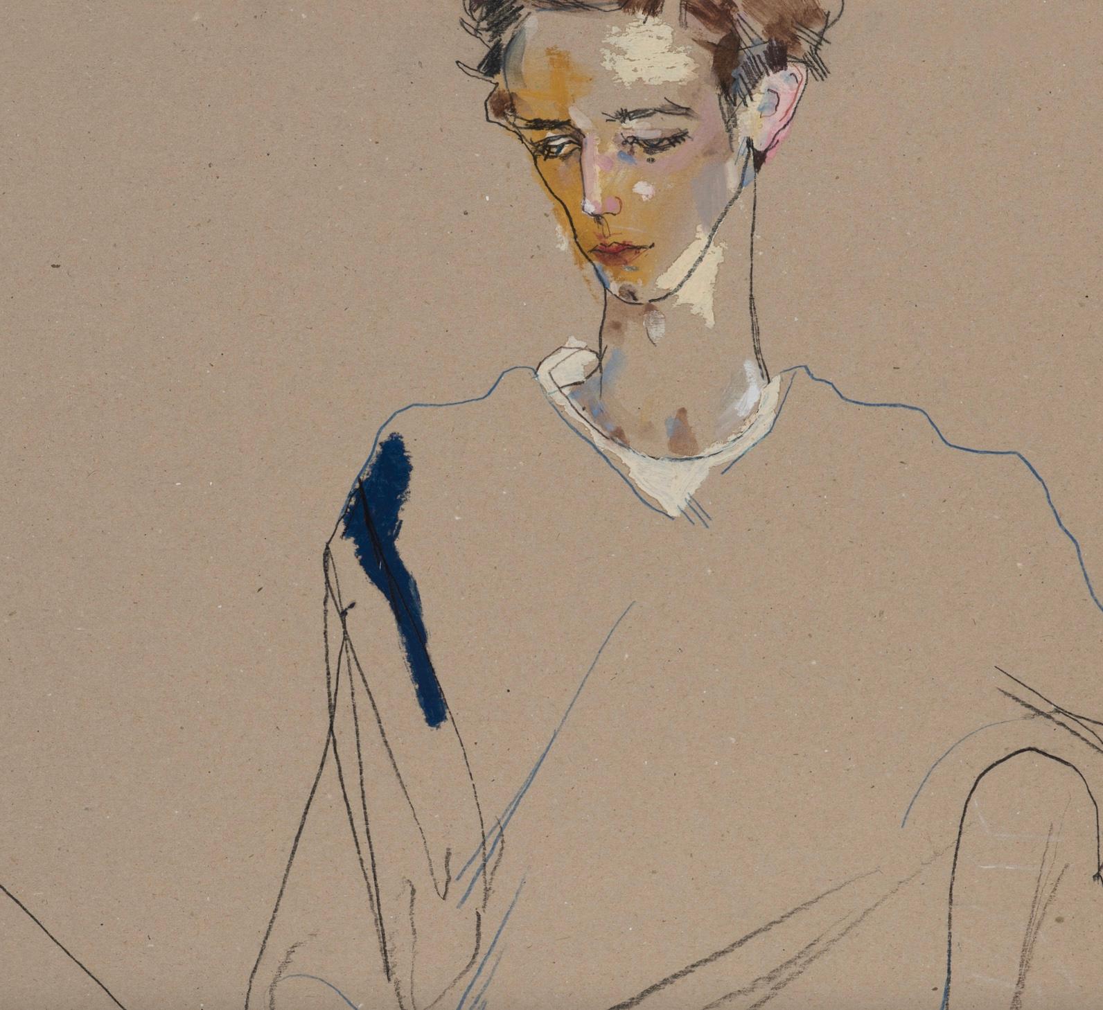 George O. (Sitting), Mixed media on board - Painting by Howard Tangye