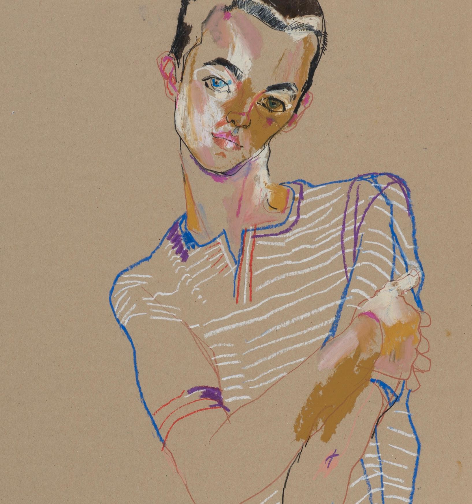 Neil G. (Standing - Striped Shirt), Mixed media on board - Painting by Howard Tangye