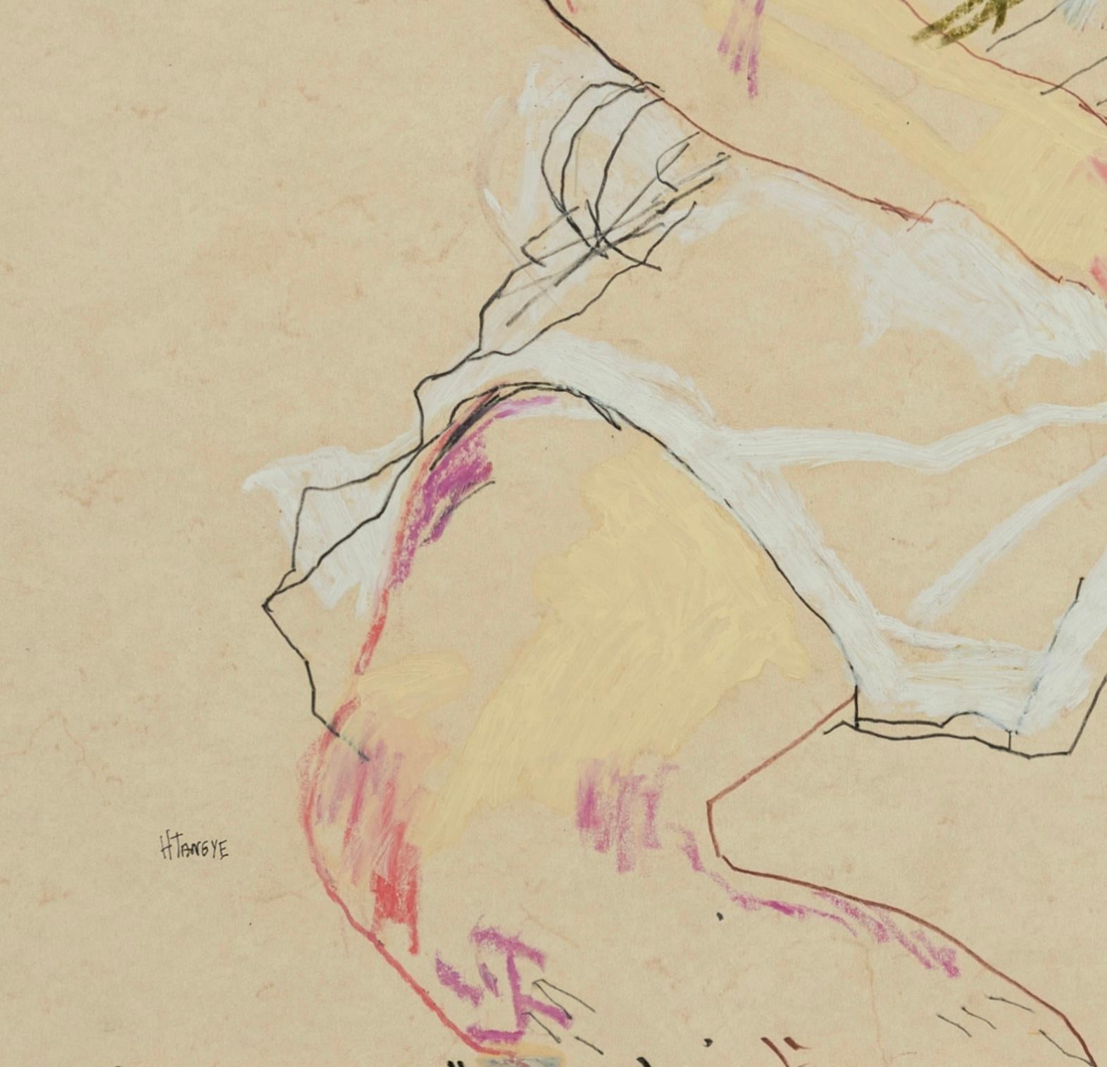 Nobu (Looking Down), Mixed Media on Pergamenata parchment - Beige Figurative Painting by Howard Tangye