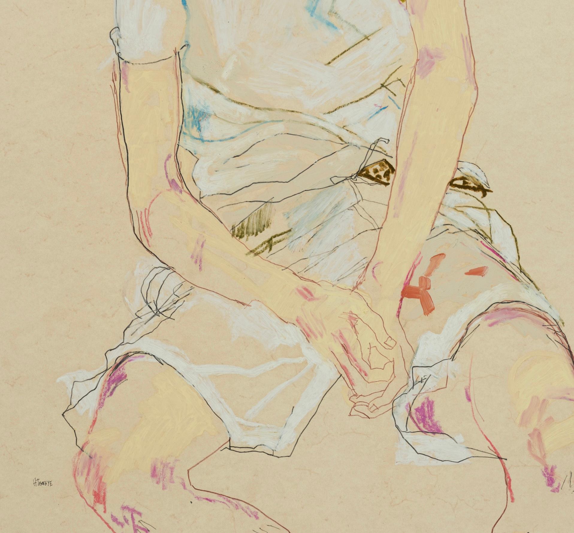 Nobu (Looking Down), Mixed Media on Pergamenata parchment - Contemporary Painting by Howard Tangye