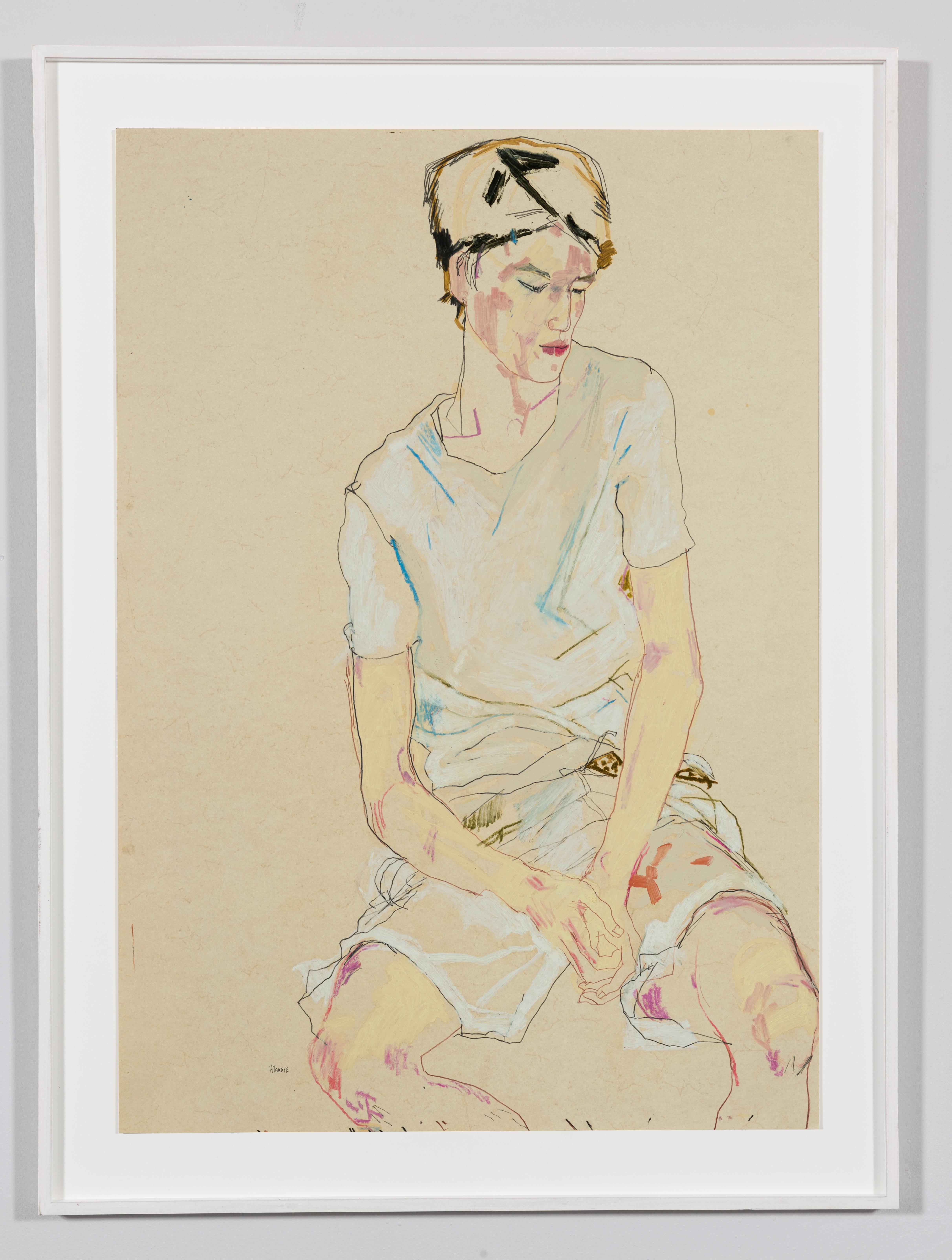 Nobu (Looking Down), Mixed Media on Pergamenata parchment - Painting by Howard Tangye